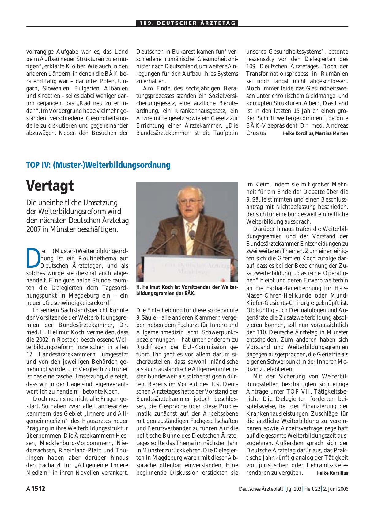 Vorschauseite 1: TOP IV: (Muster-)Weiterbildungsordnung – Vertagt