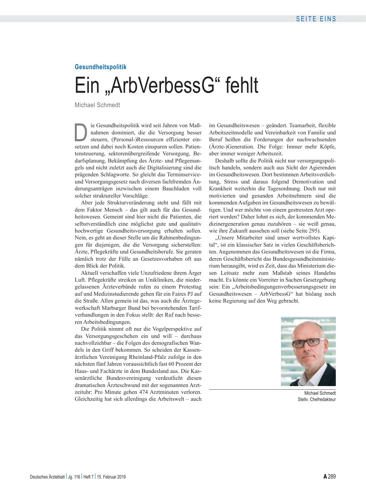 Vorschauseite 1: Gesundheitspolitik: Ein „ArbVerbessG“ fehlt