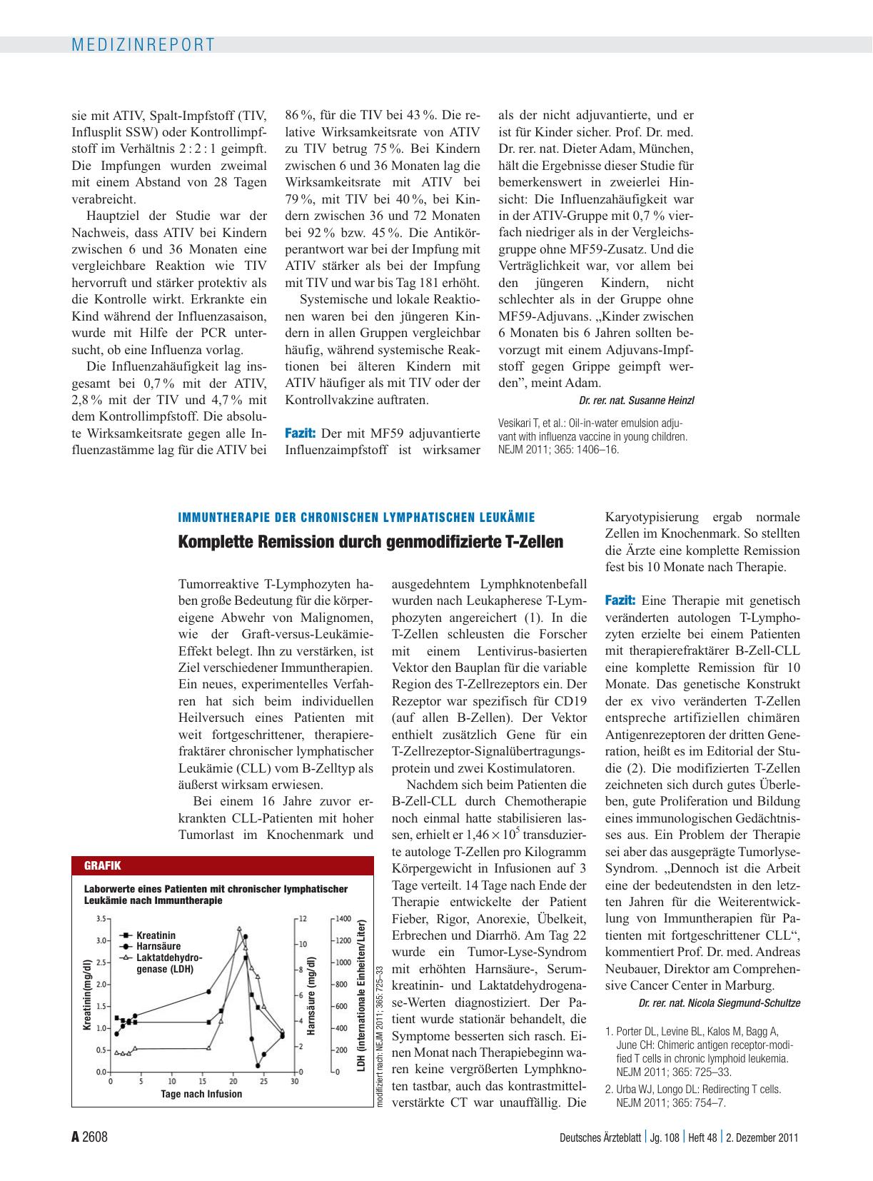 Vorschauseite 1: Immuntherapie der chronischen lymphatischen Leukämie: Komplette Remission durch genmodifizierte T-Zellen