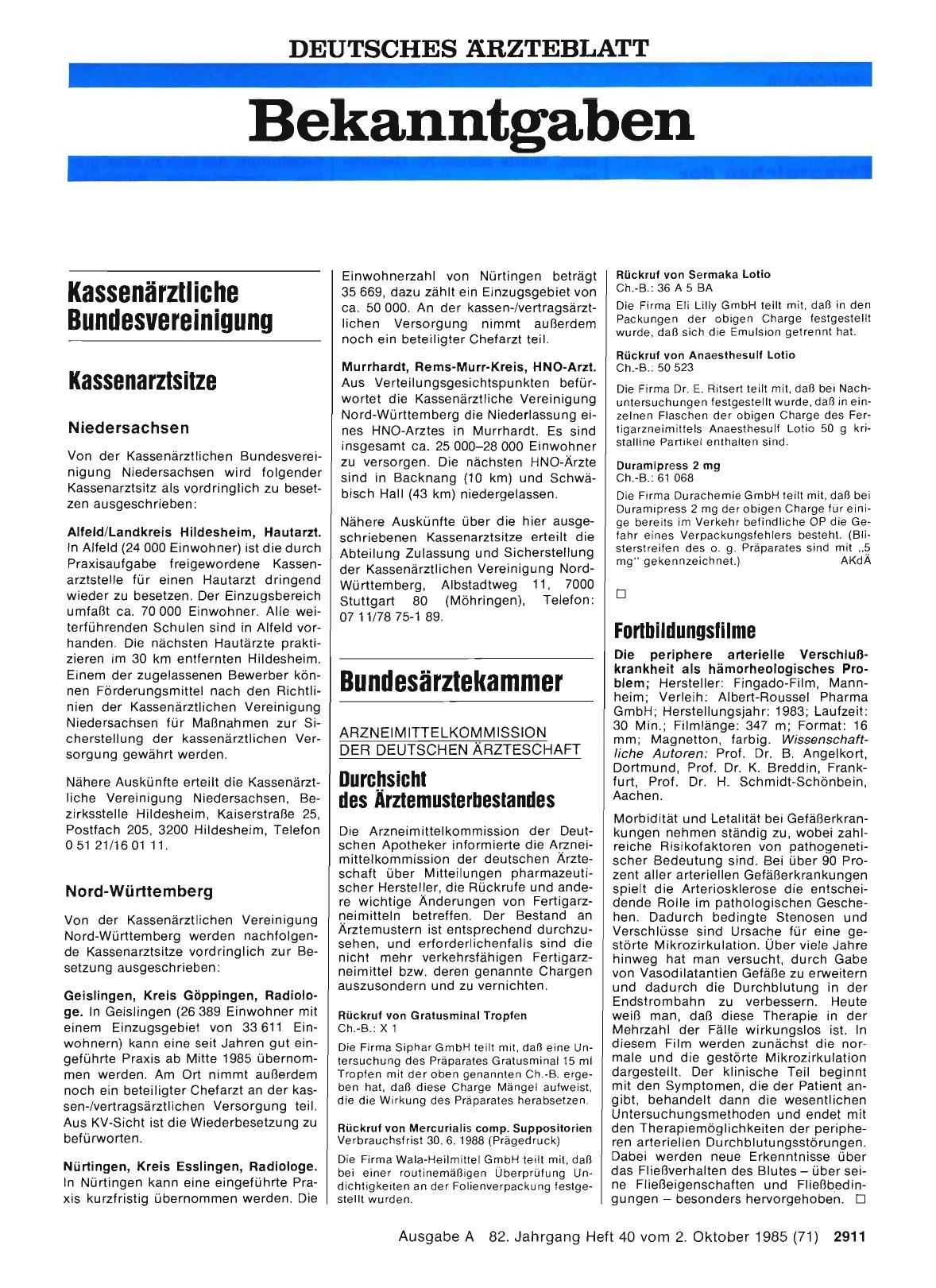 Vorschauseite 1: ARZNEIMITTELKOMMISSION DER DEUTSCHEN ÄRZTESCHAFT: Durchsicht des Ärztemusterbestandes