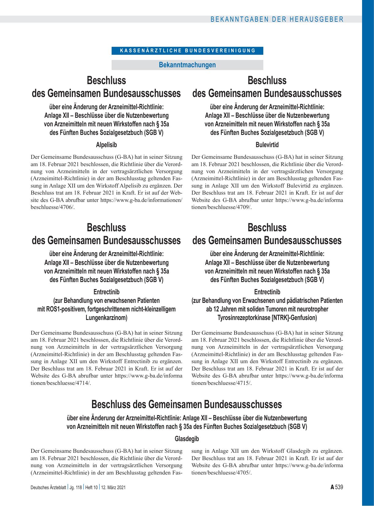Vorschauseite 1: Beschluss des Gemeinsamen Bundesausschusses über eine Änderung der Arzneimittel-Richtlinie: Anlage XII – Glasdegib