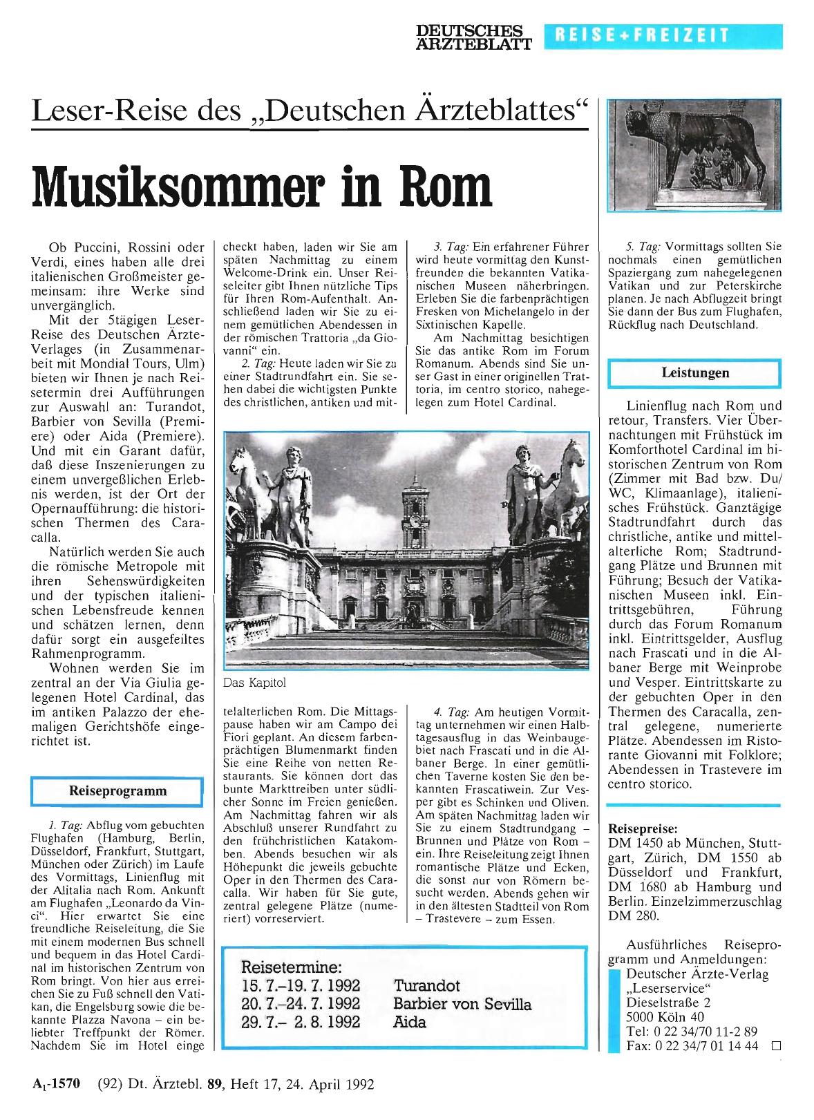 Vorschauseite 1: Leser-Reise des „Deutschen Ärzteblattes“: Musiksommer in Rom