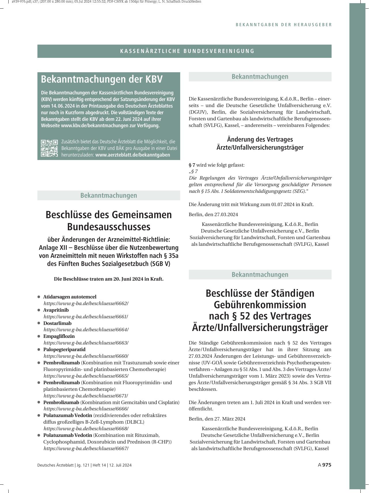 Vorschauseite 1: Beschlüsse des Gemeinsamen Bundesausschusses über Änderungen der Arzneimittel-Richtlinie: Anlage XII – Beschlüsse über die Nutzenbewertung von Arzneimitteln mit neuen Wirkstoffen…