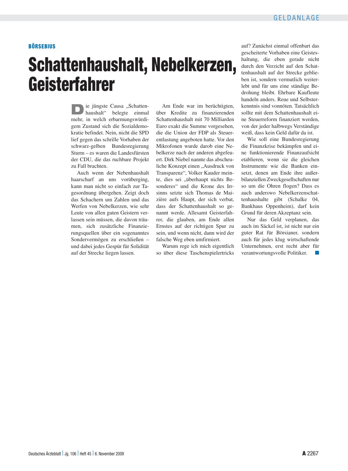 Vorschauseite 1: Börsebius: Schattenhaushalt, Nebelkerzen, Geisterfahrer