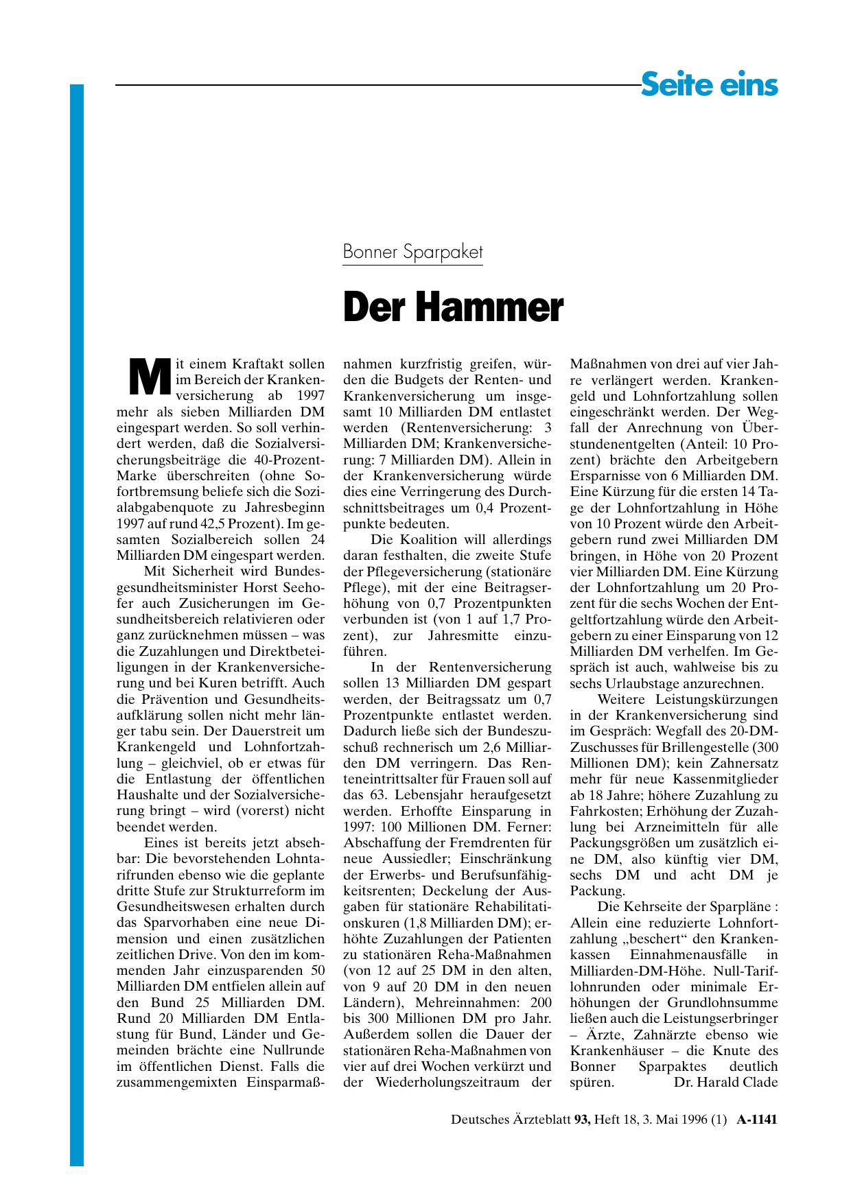 Vorschauseite 1: Bonner Sparpaket: Der Hammer