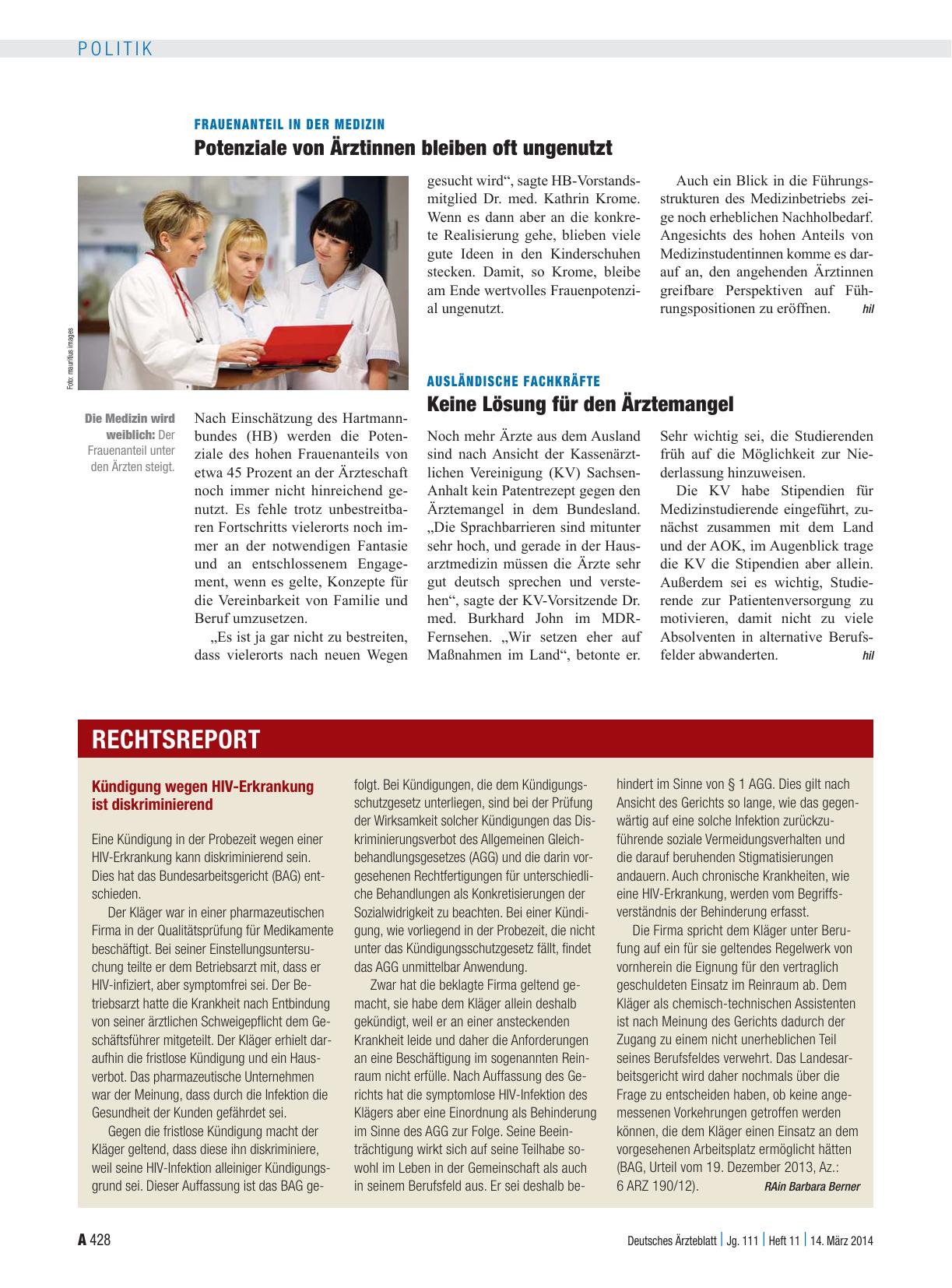 Vorschauseite 1: Kündigung wegen HIV-Erkrankung ist diskriminierend