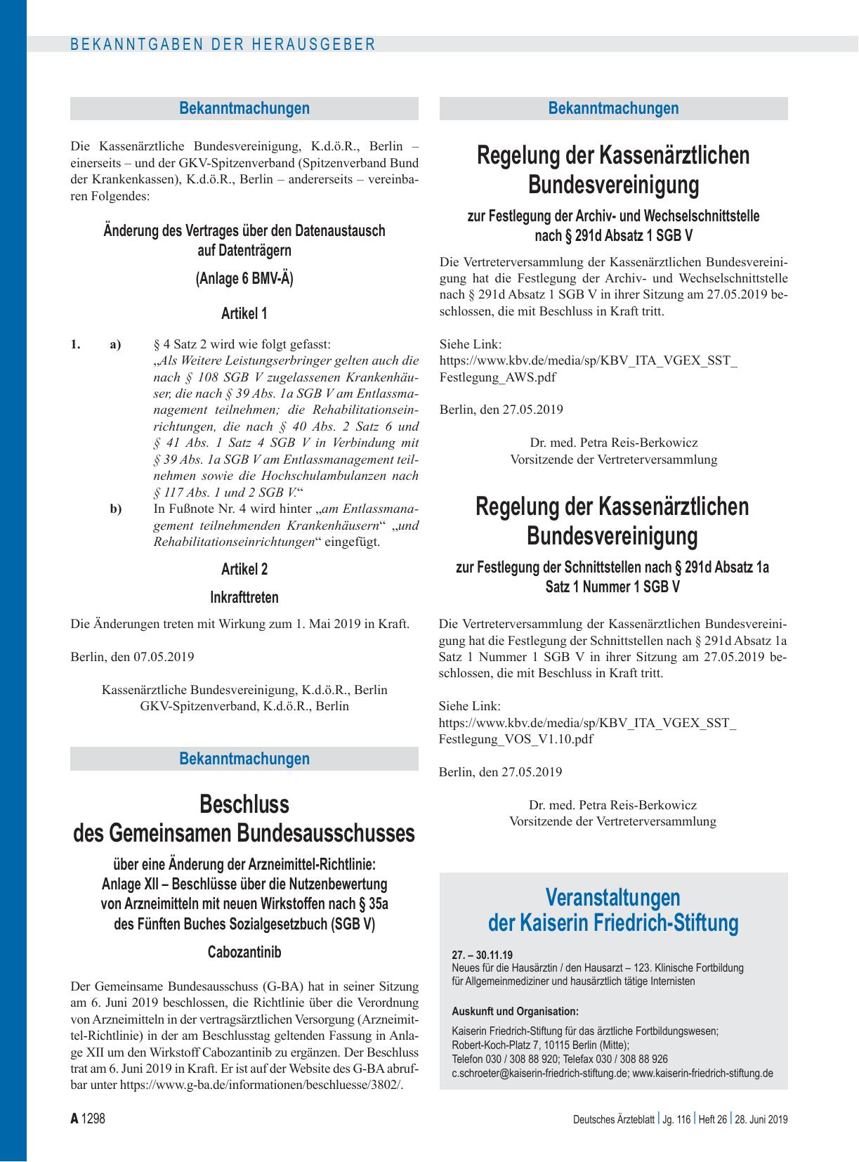 Vorschauseite 1: Änderung des Vertrages über den Datenaustausch auf Datenträgern (Anlage 6 BMV-Ä) Artikel 1, , Artikel 2, Inkrafttreten
