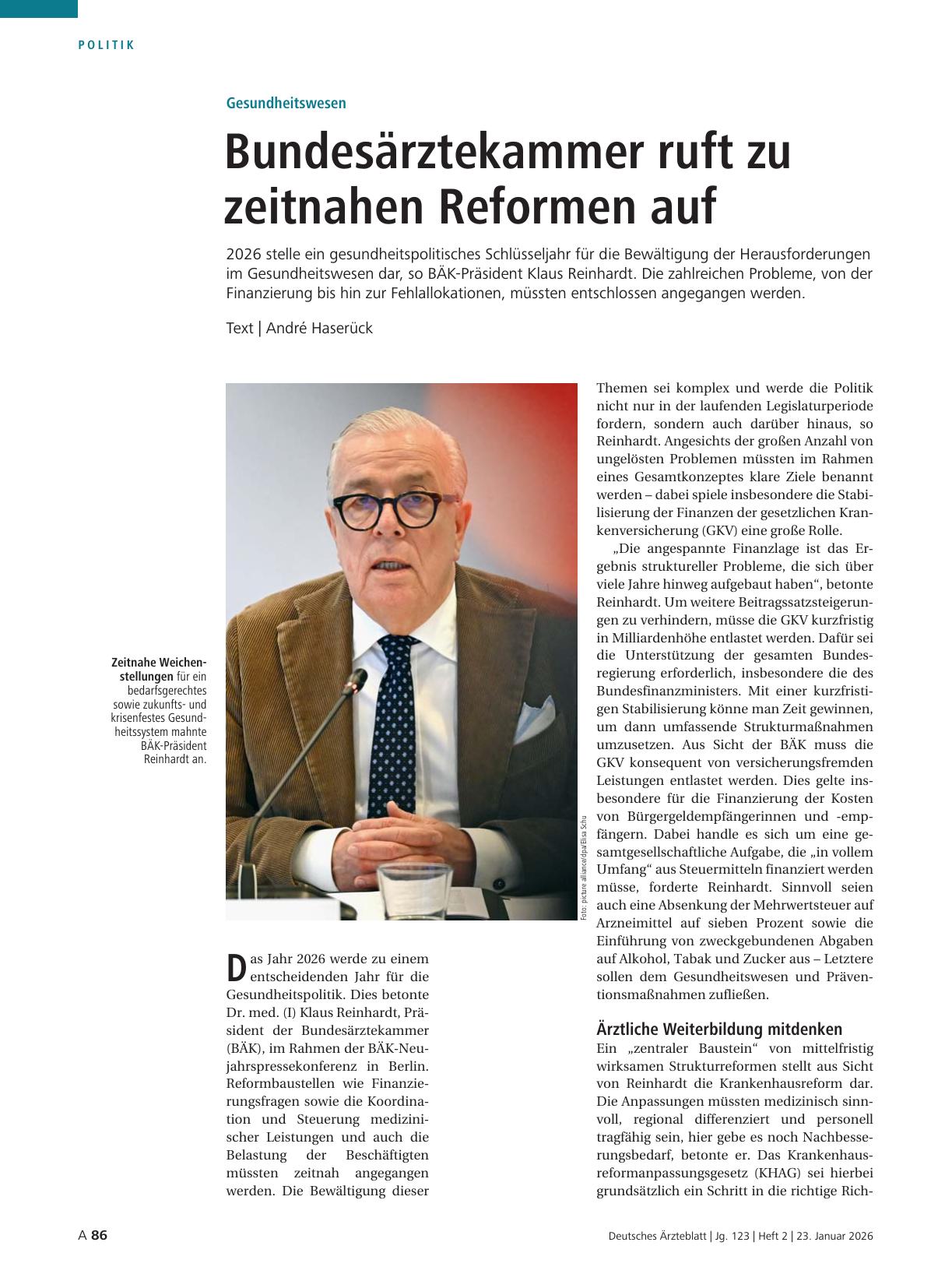 Vorschauseite 1: Gesundheitswesen: Bundesärztekammer ruft zu zeitnahen Reformen auf