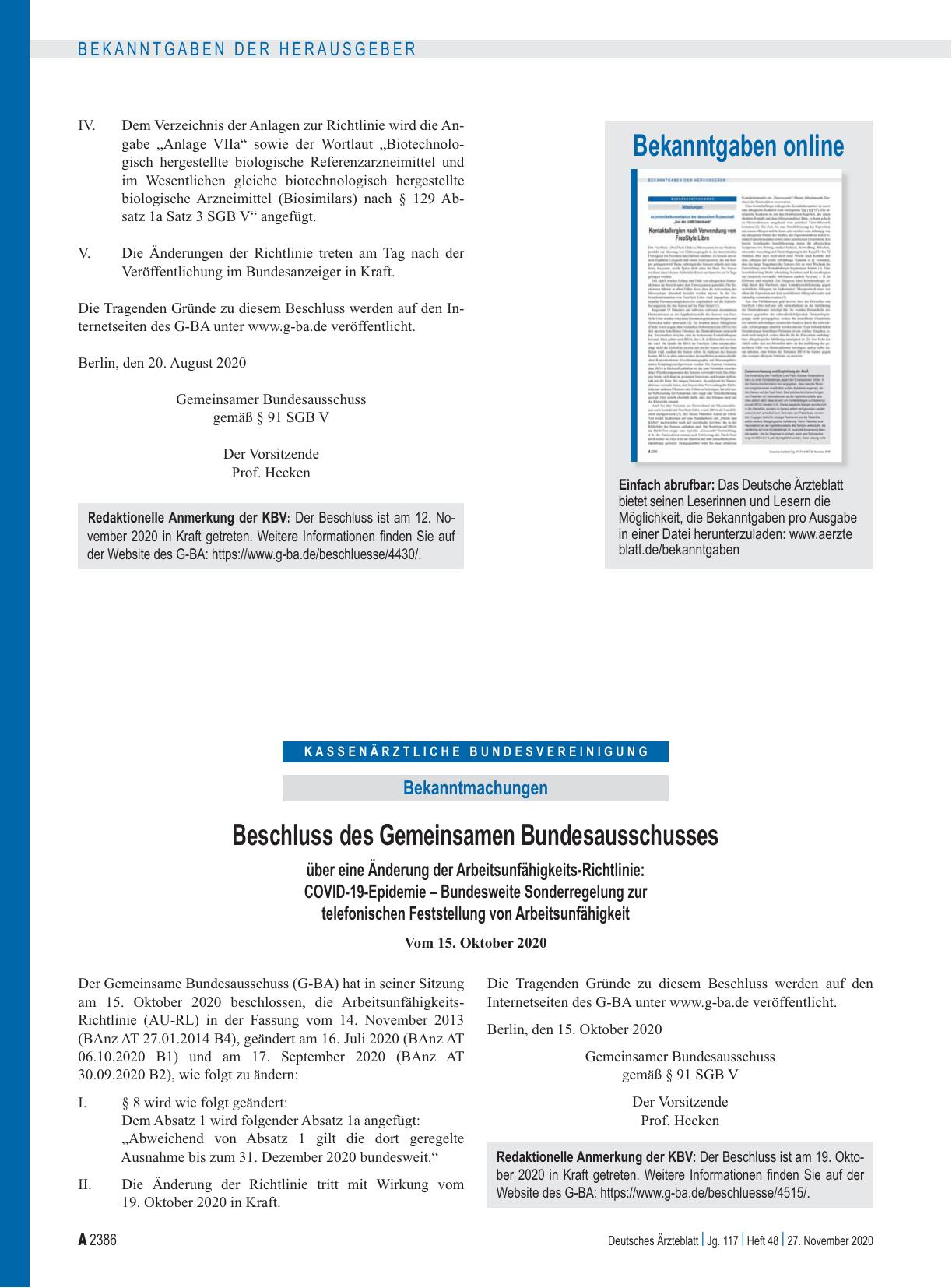 Vorschauseite 1: Beschluss des Gemeinsamen Bundesausschusses über eine Änderung der Arbeitsunfähigkeits-Richtlinie: COVID-19-Epidemie – Bundesweite Sonderregelung zur telefonischen Feststellung vo…