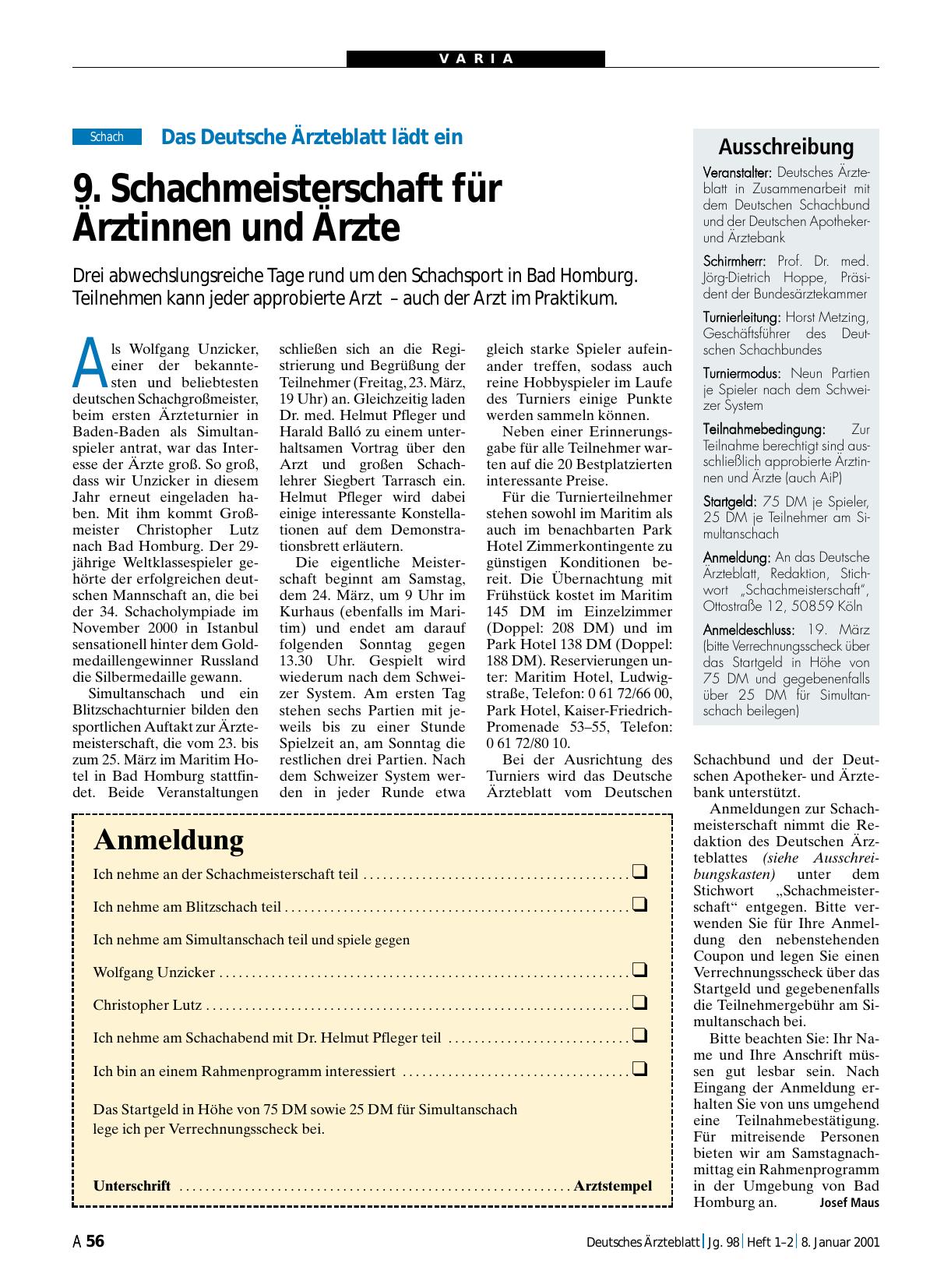 Vorschauseite 1: Das Deutsche Ärzteblatt lädt ein: 9. Schachmeisterschaft für Ärztinnen und Ärzte