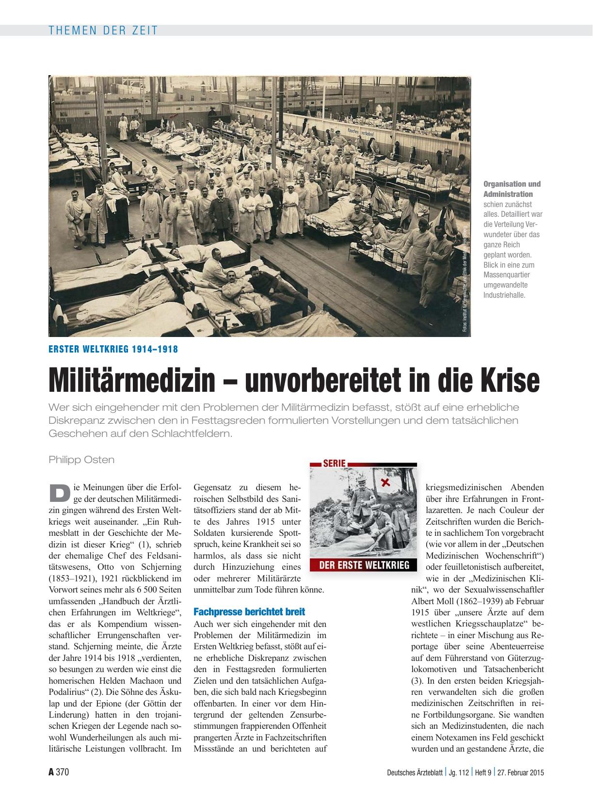 Vorschauseite 1: Erster Weltkrieg 1914–1918: Militärmedizin – unvorbereitet in die Krise