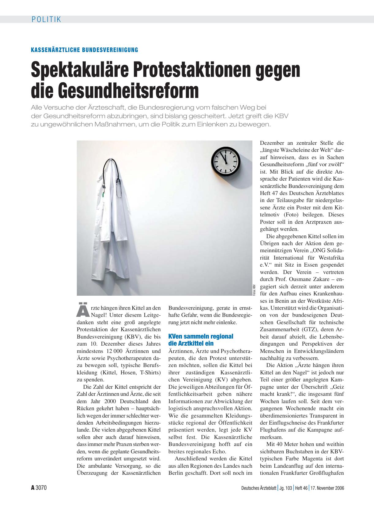 Vorschauseite 1: Kassenärztliche Bundesvereinigung: Spektakuläre Protestaktionen gegen die Gesundheitsreform