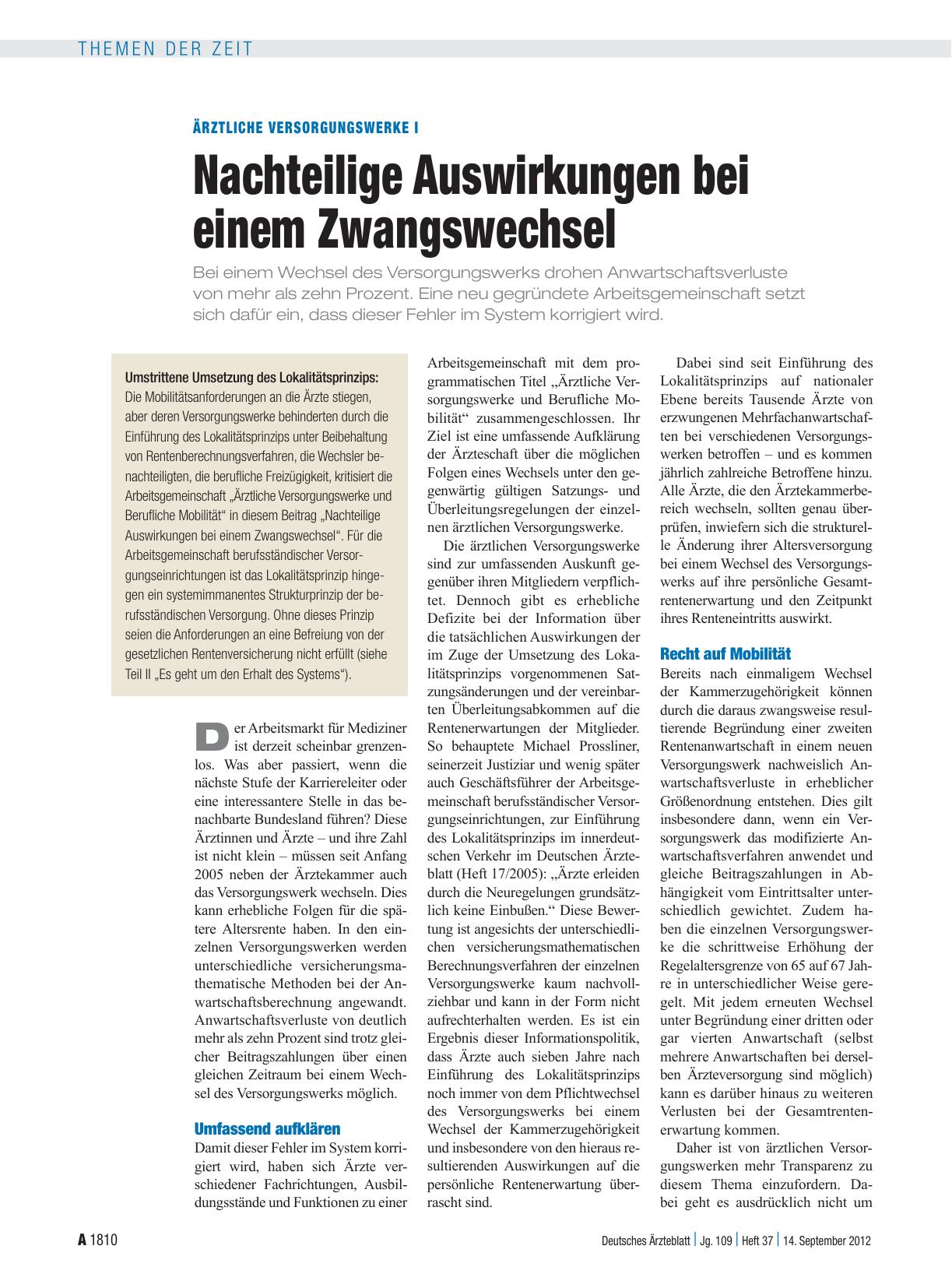 Vorschauseite 1: Ärztliche Versorgungswerke I: Nachteilige Auswirkungen bei einem Zwangswechsel