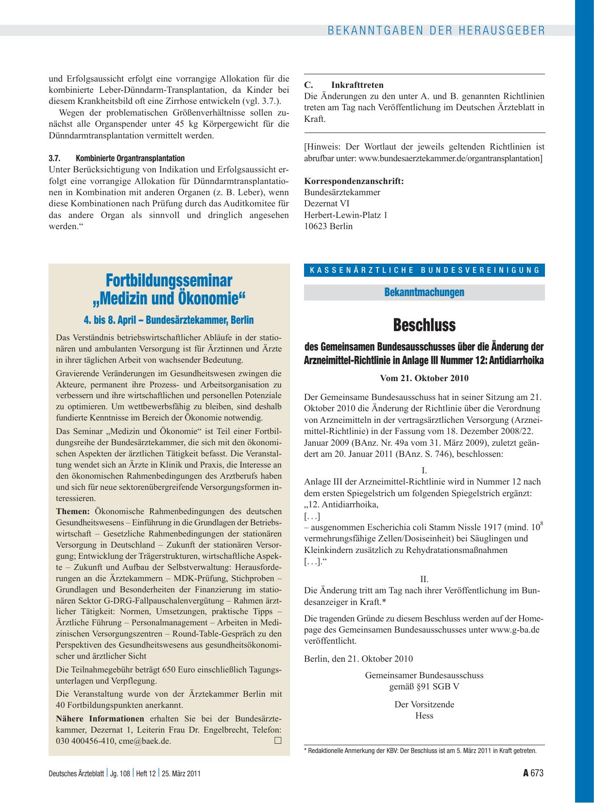 Vorschauseite 1: Beschluss des Gemeinsamen Bundesausschusses über die Änderung der Arzneimittel-Richtlinie in Anlage III Nummer 12: Antidiarrhoika