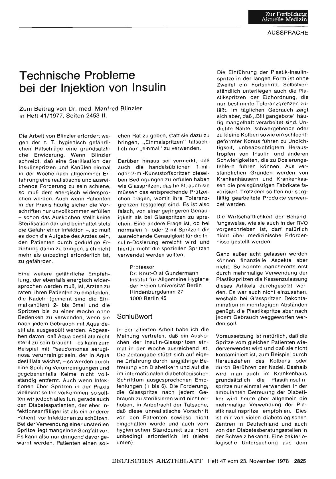 Vorschauseite 1: Technische Probleme bei der Injektion von Insulin: Stellungnahme