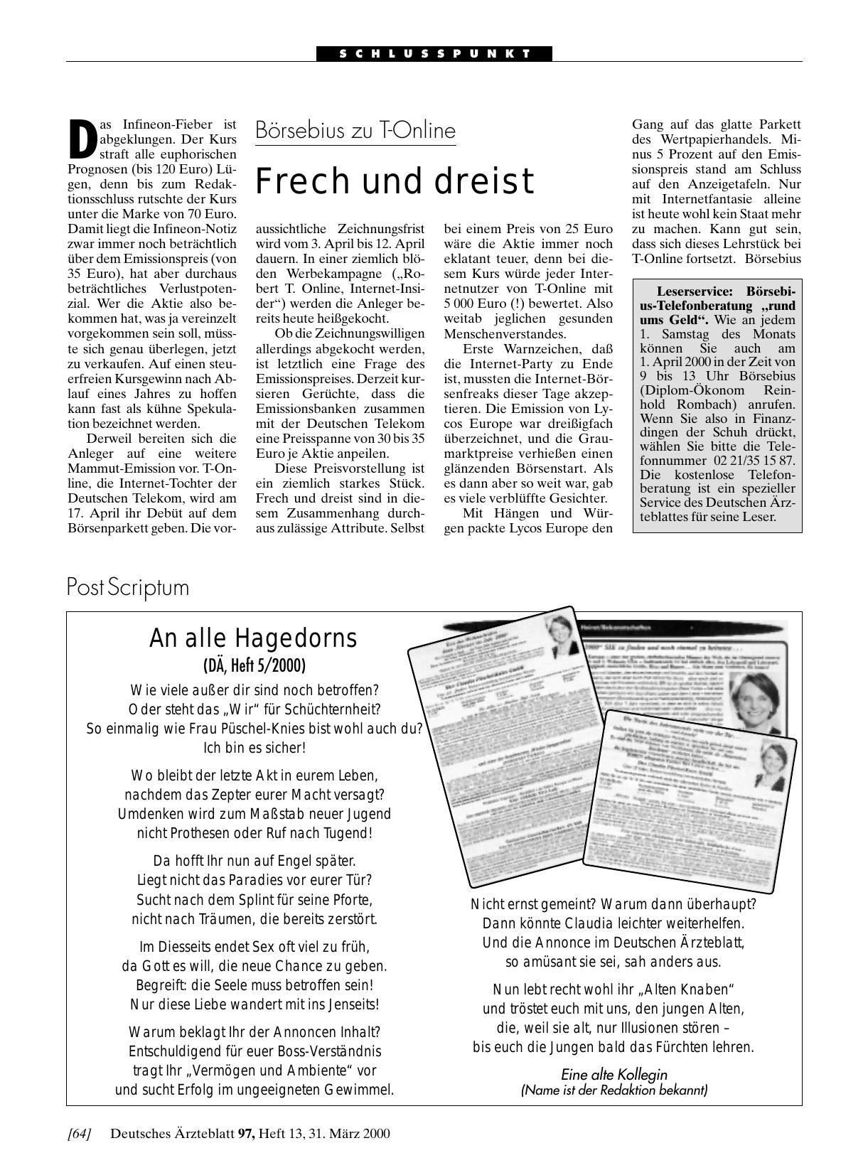 Vorschauseite 1: An alle Hagedorns (DÄ, Heft 5/2000)