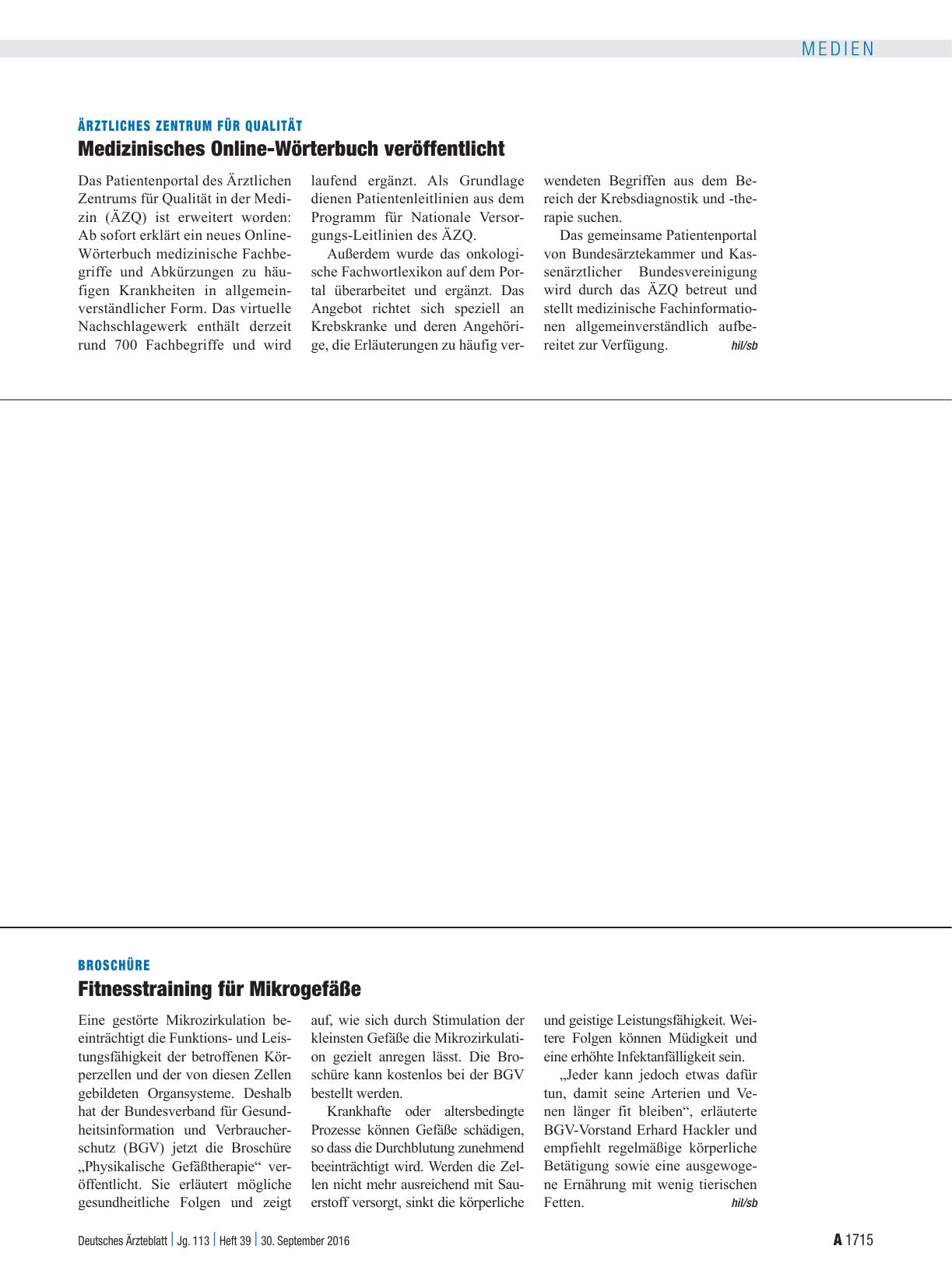 Vorschauseite 1: Ärztliches Zentrum für Qualität: Medizinisches Online-Wörterbuch veröffentlicht
