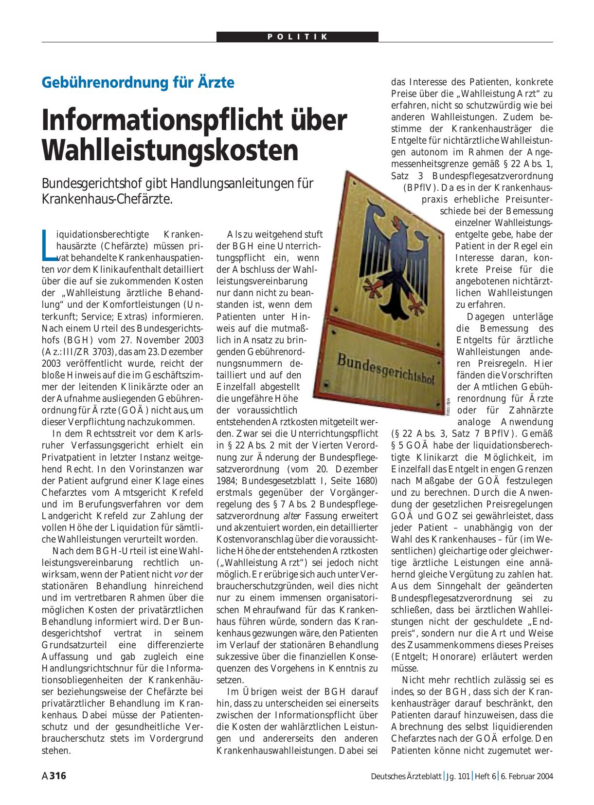 Vorschauseite 1: Gebührenordnung für Ärzte: Informationspflicht über Wahlleistungskosten