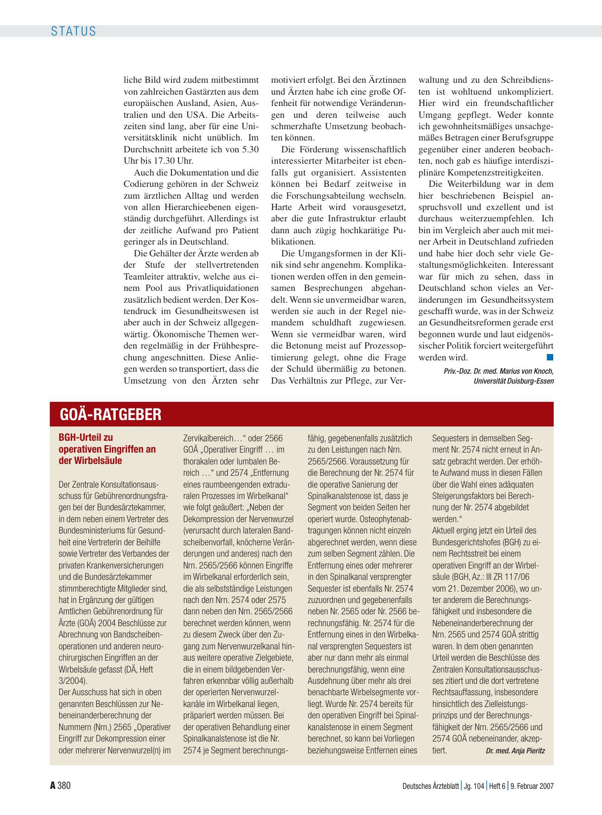 Vorschauseite 1: BGH-Urteil zu operativen Eingriffen an der Wirbelsäule