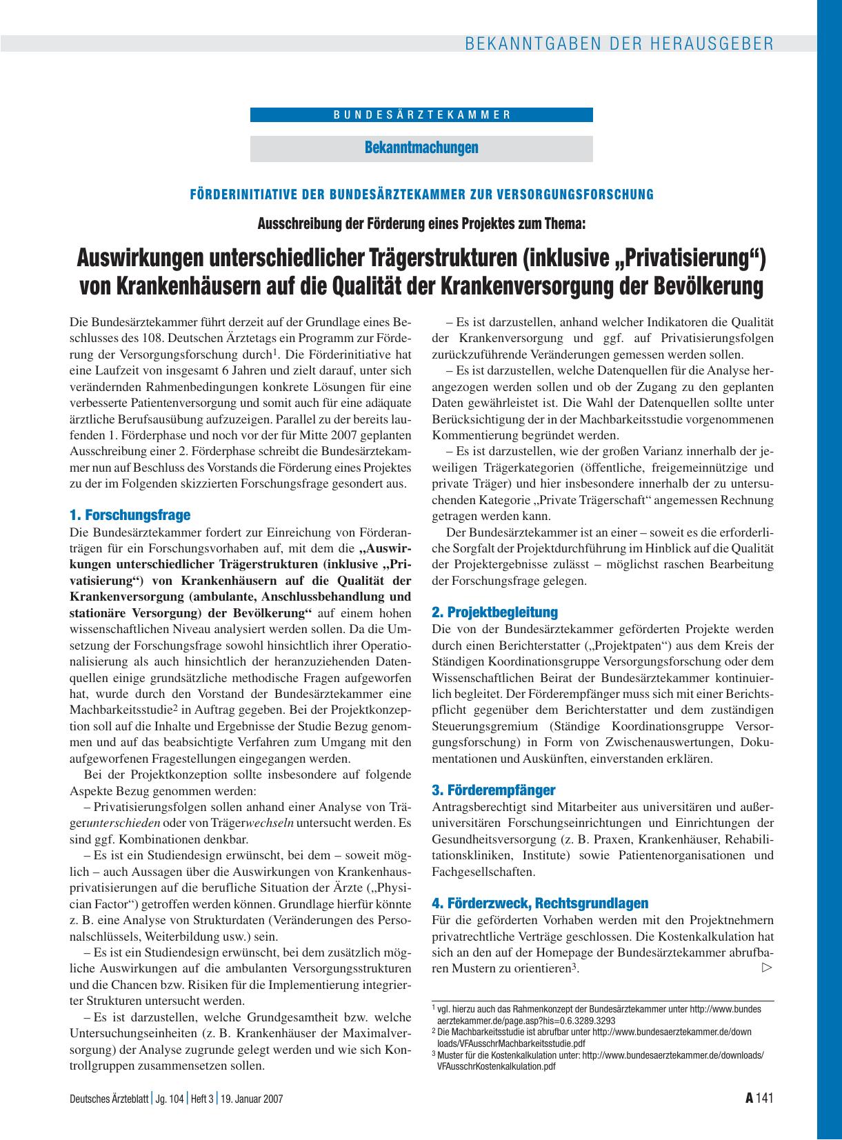 Vorschauseite 1: Förderinitiative der Bundesärztekammer zur Versorgungsforschung – Ausschreibung der Förderung eines Projektes zum Thema: Auswirkungen unterschiedlicher Trägerstrukturen (inklusive…