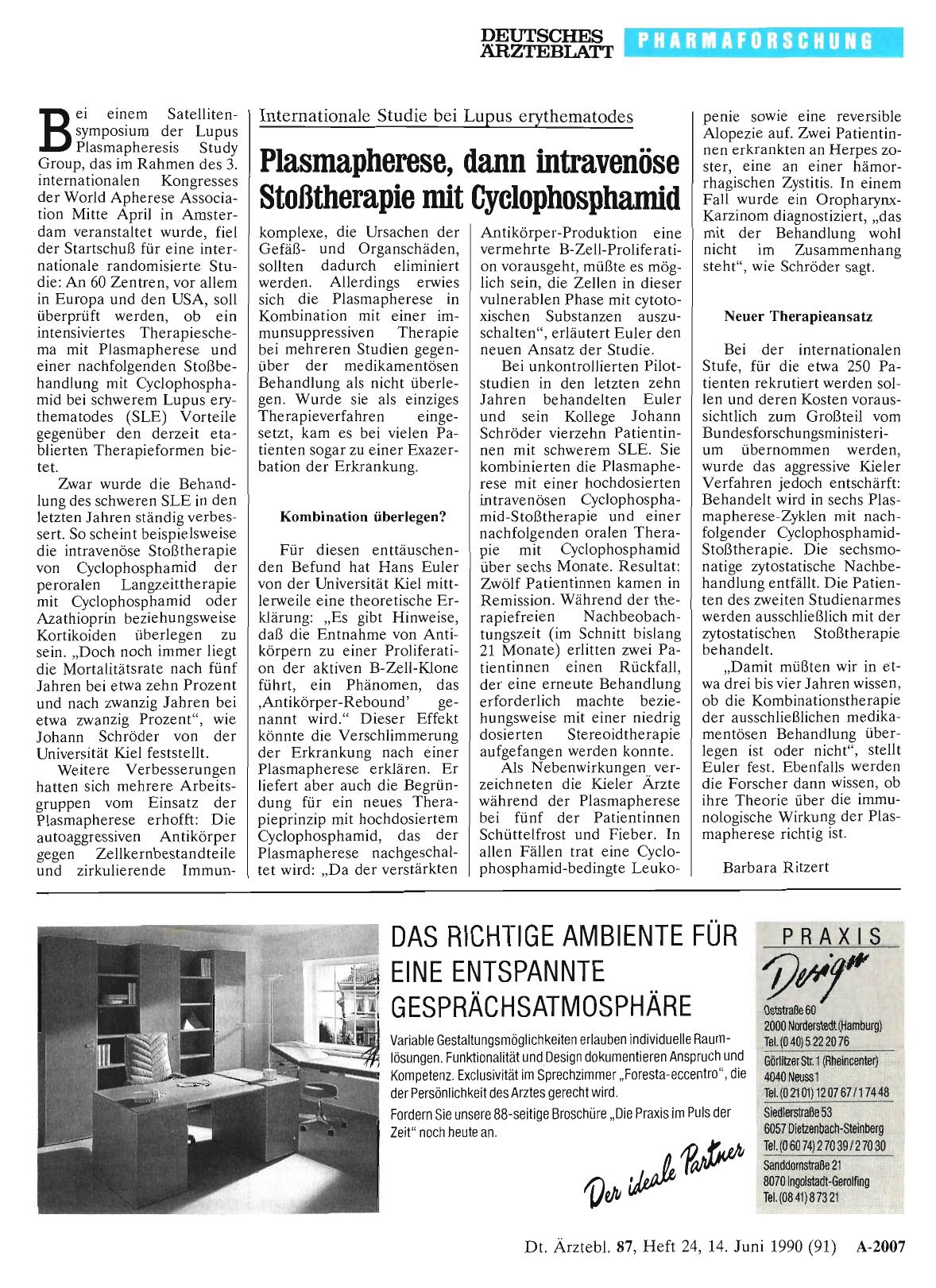 Vorschauseite 1: Internationale Studie bei Lupus erythematodes: Plasmapherese, dann intravenöse Stoßtherapie mit Cyclophosphamid