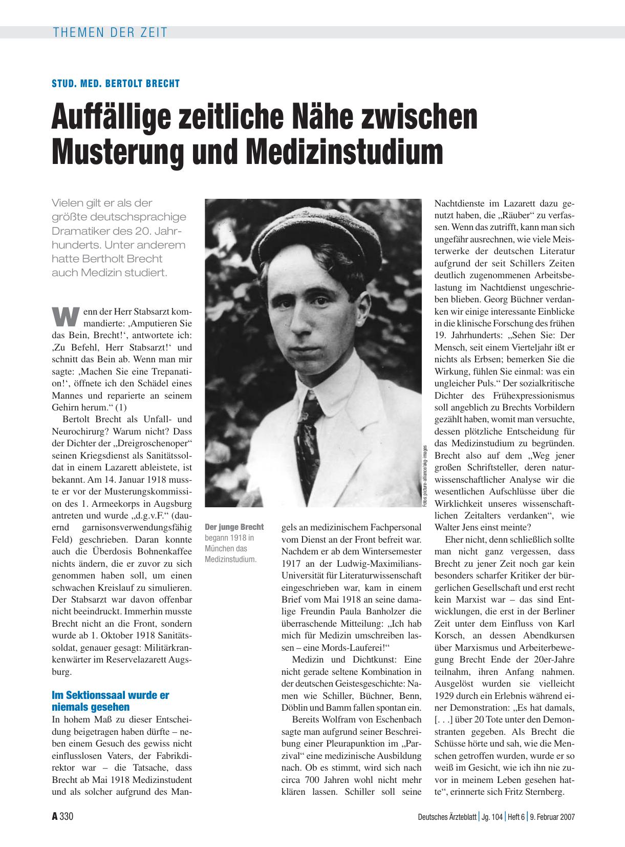 Vorschauseite 1: Stud. med. Bertolt Brecht: Auffällige zeitliche Nähe zwischen Musterung und Medizinstudium