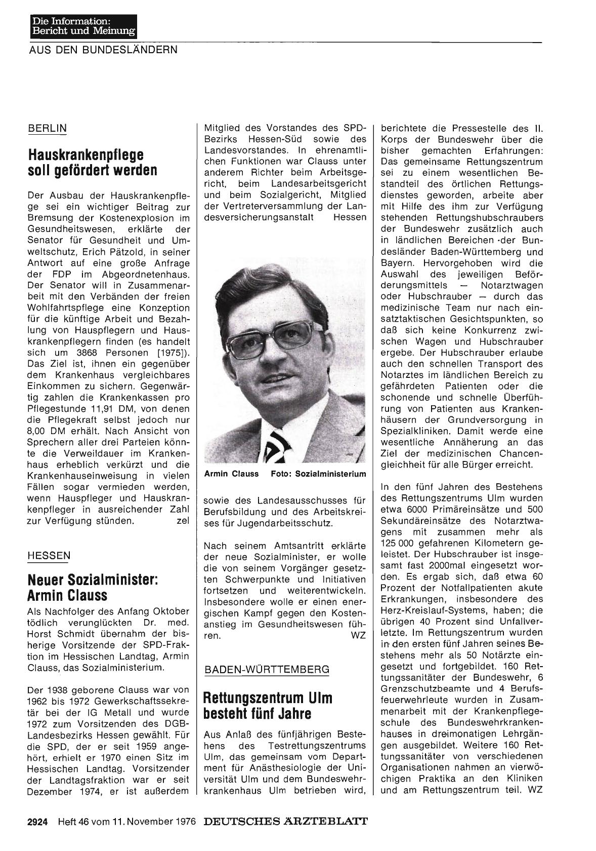 Vorschauseite 1: HESSEN: Neuer Sozialminister: Armin Clauss