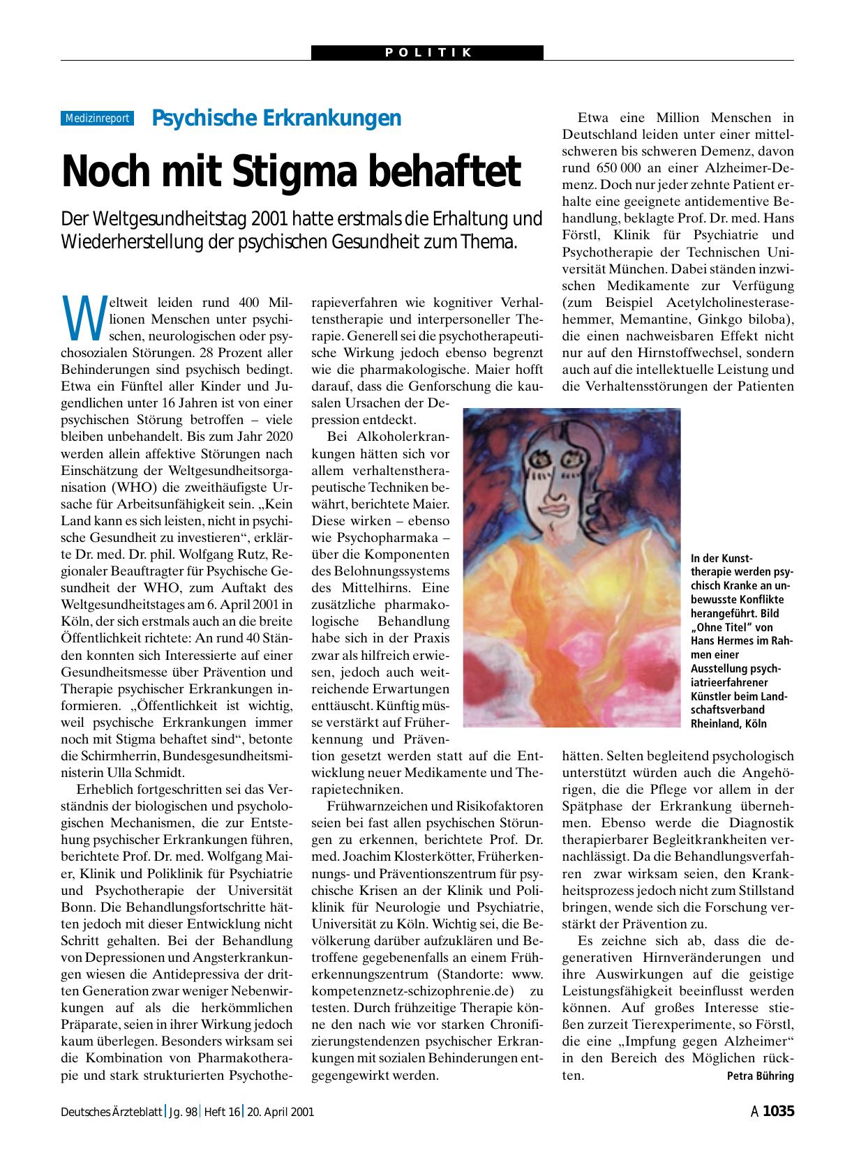 Vorschauseite 1: Psychische Erkrankungen: Noch mit Stigma behaftet