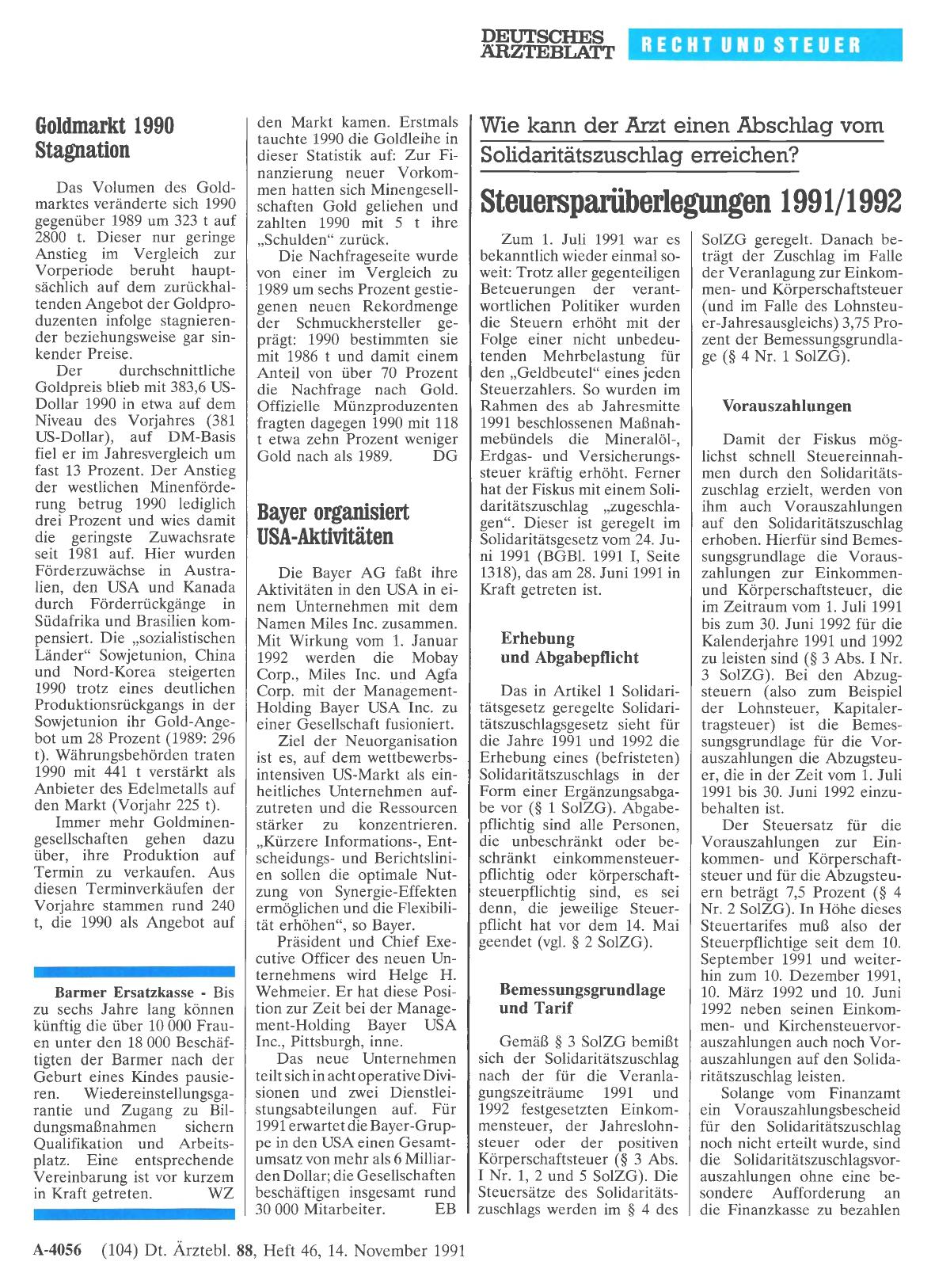 Vorschauseite 1: Goldmarkt 1990 Stagnation