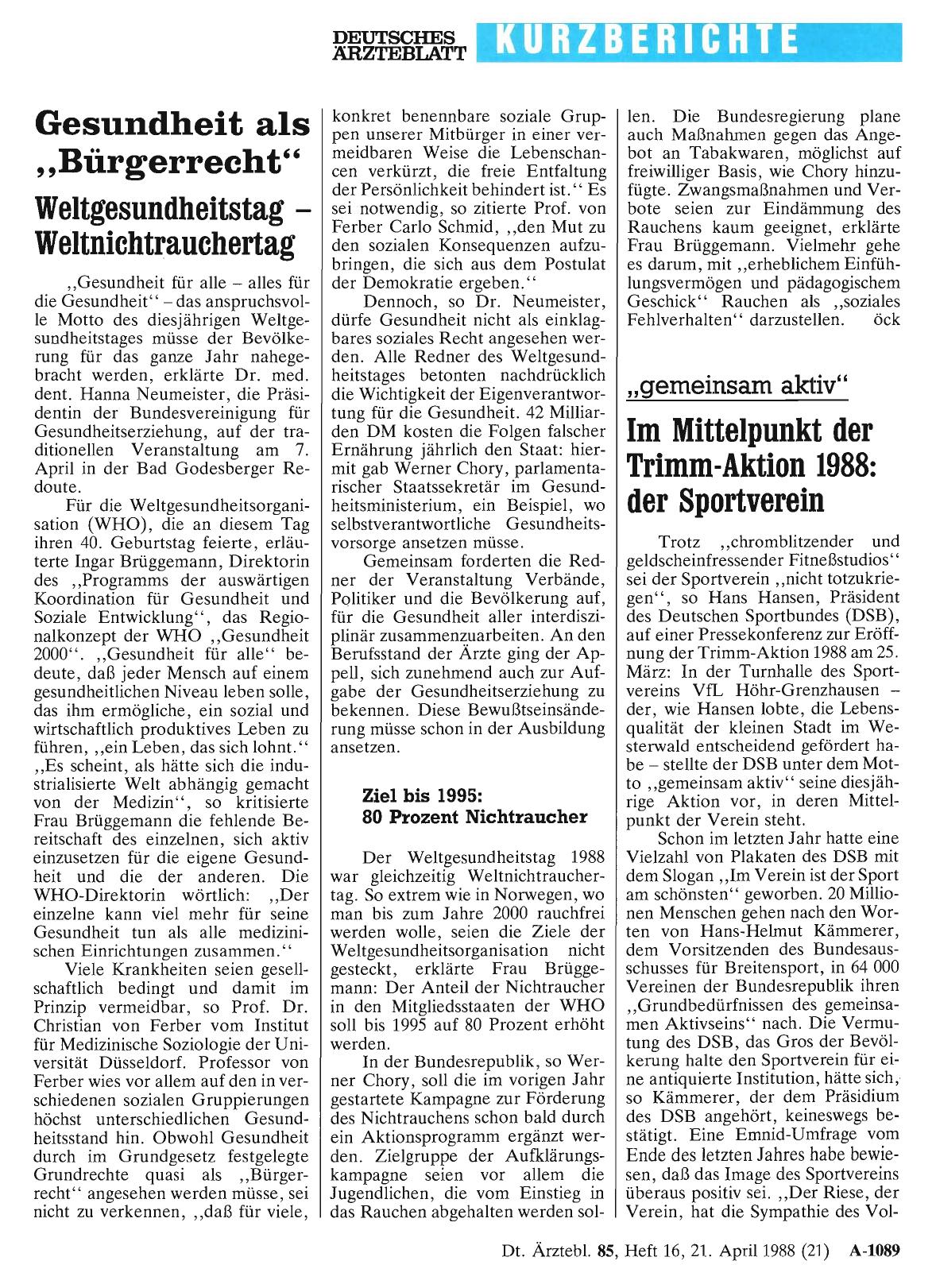 Vorschauseite 1: „gemeinsam aktiv“ – Im Mittelpunkt der Trimm-Aktion 1988: der Sportverein