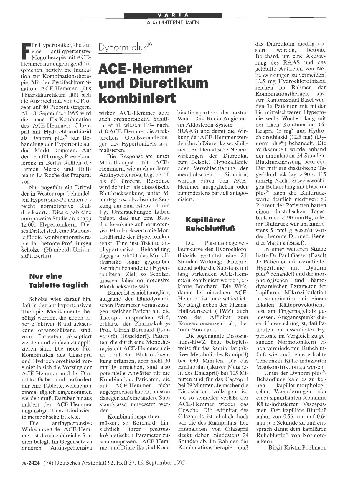 Vorschauseite 1: Dynorm plus: ACE-Hemmer und Diuretikum kombiniert