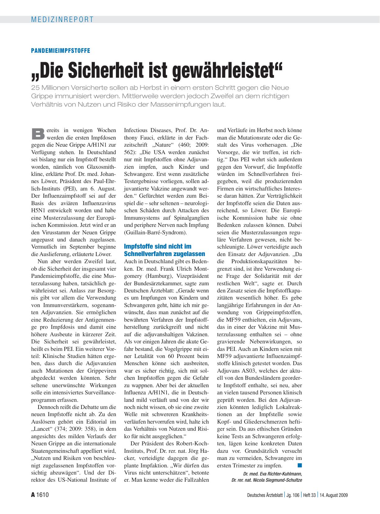Vorschauseite 1: Pandemieimpfstoffe: „Die Sicherheit ist gewährleistet“