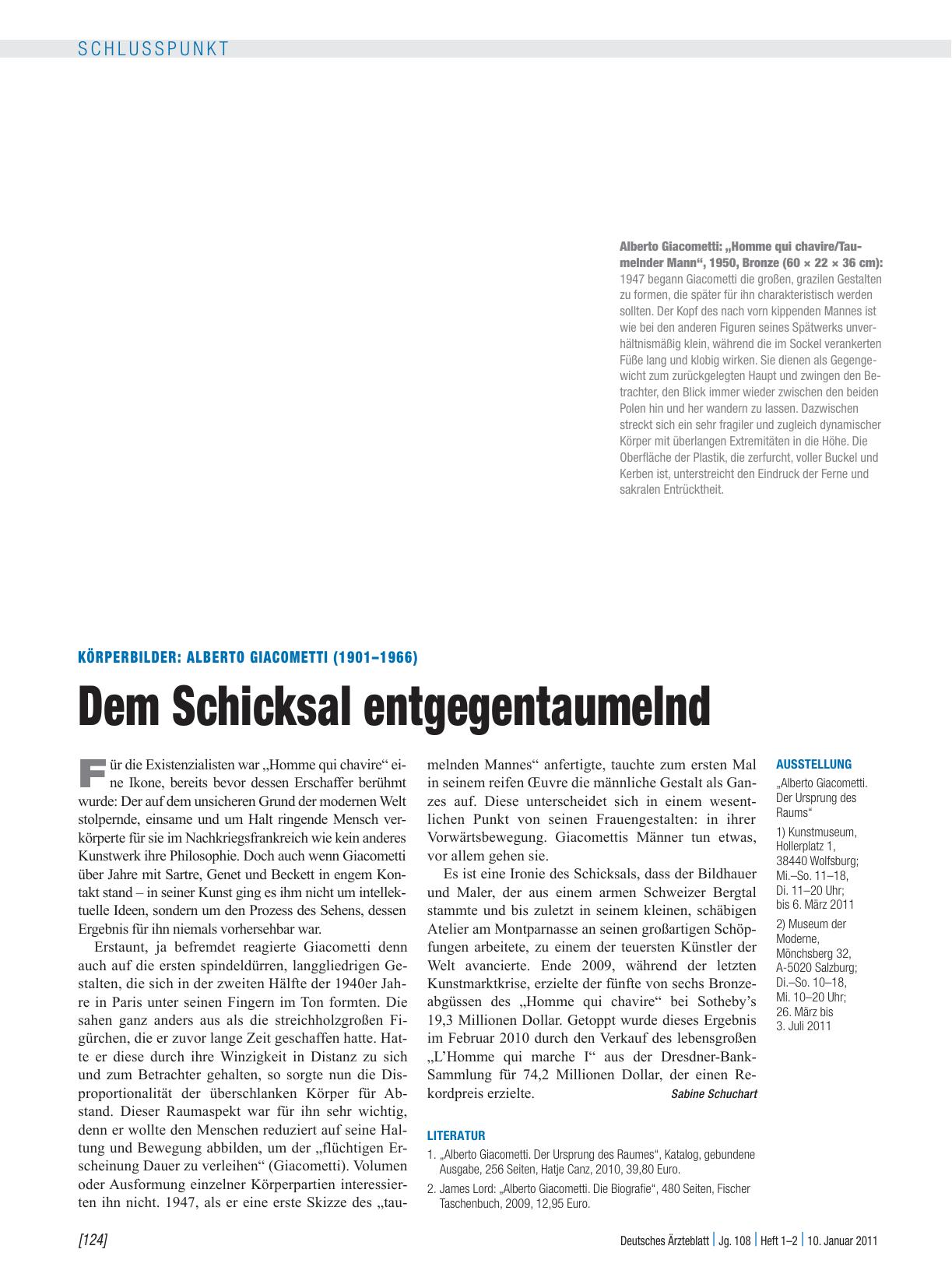 Vorschauseite 1: Körperbilder: Alberto Giacometti (1901 – 1966) – Dem Schicksal entgegentaumelnd