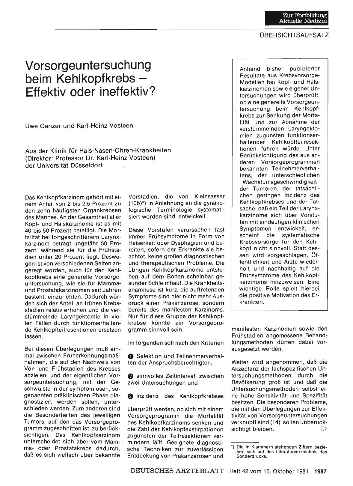 Vorschauseite 1: Vorsorgeuntersuchung beim Kehlkopfkrebs — Effektiv oder ineffektiv?