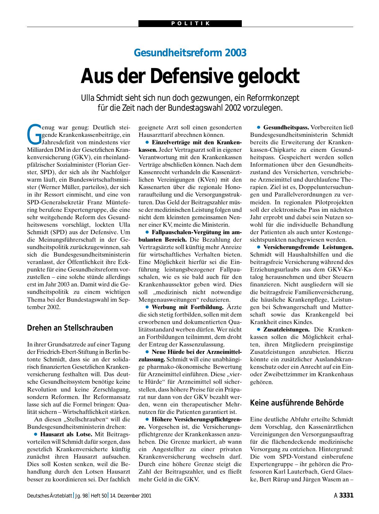Vorschauseite 1: Gesundheitsreform 2003: Aus der Defensive gelockt