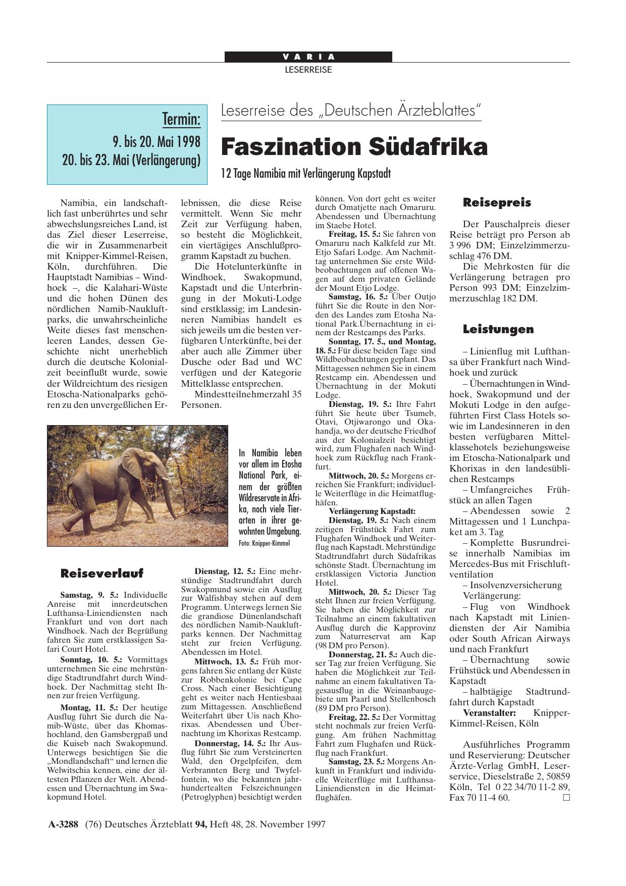 Vorschauseite 1: Leserreise des „Deutschen Ärzteblattes“: Faszination Südafrika 12 Tage Namibia mit Verlängerung Kapstad