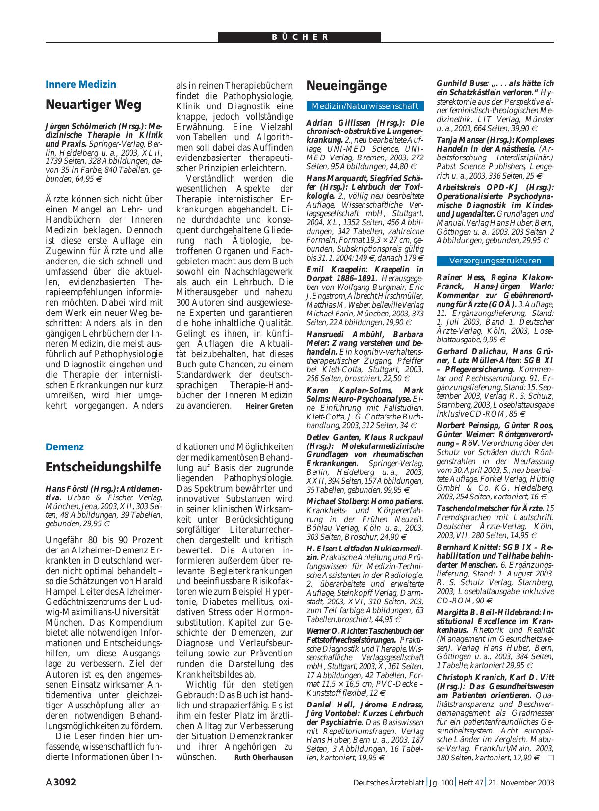 Vorschauseite 1: Medizinische Therapie in Klinik und Praxis
