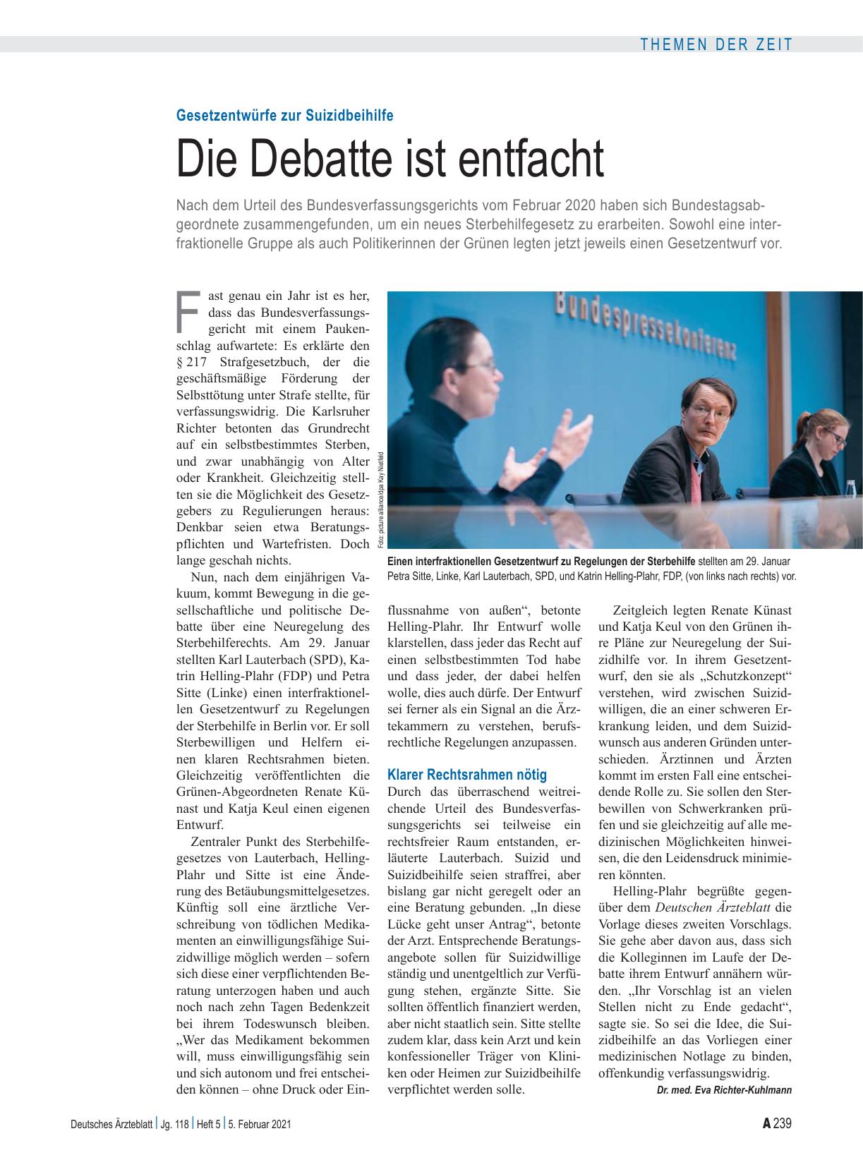 Vorschauseite 1: Gesetzentwürfe zur Suizidbeihilfe: Die Debatte ist entfacht