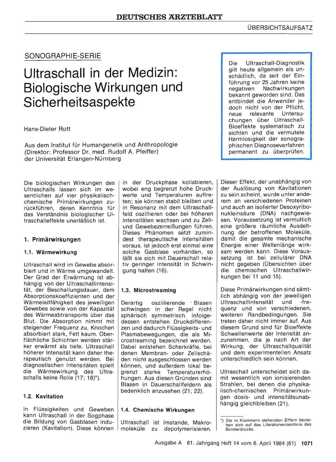 Vorschauseite 1: Ultraschall in der Medizin: Biologische Wirkungen und Sicherheitsaspekte