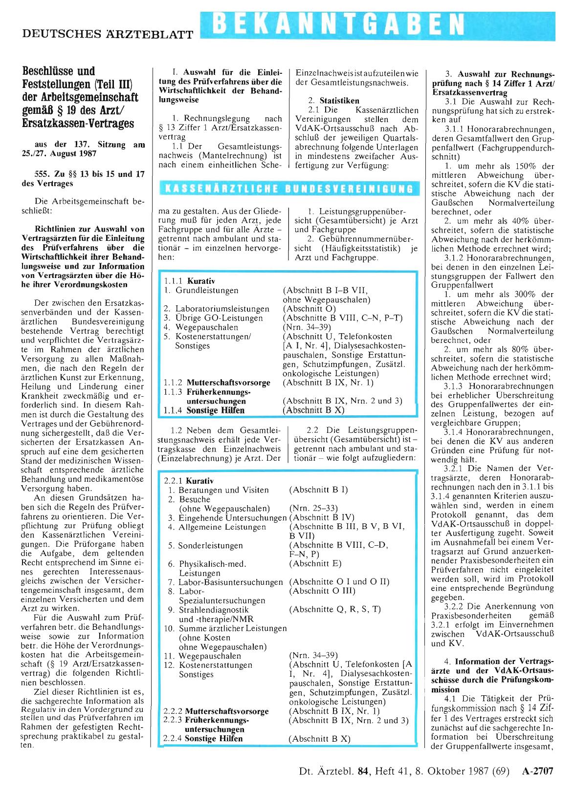 Vorschauseite 1: Beschlüsse und Feststellungen (Teil III der Arbeitsgemeinschaft gemäß § 19 des Arzt/ Ersatzkassen-Vertrages)