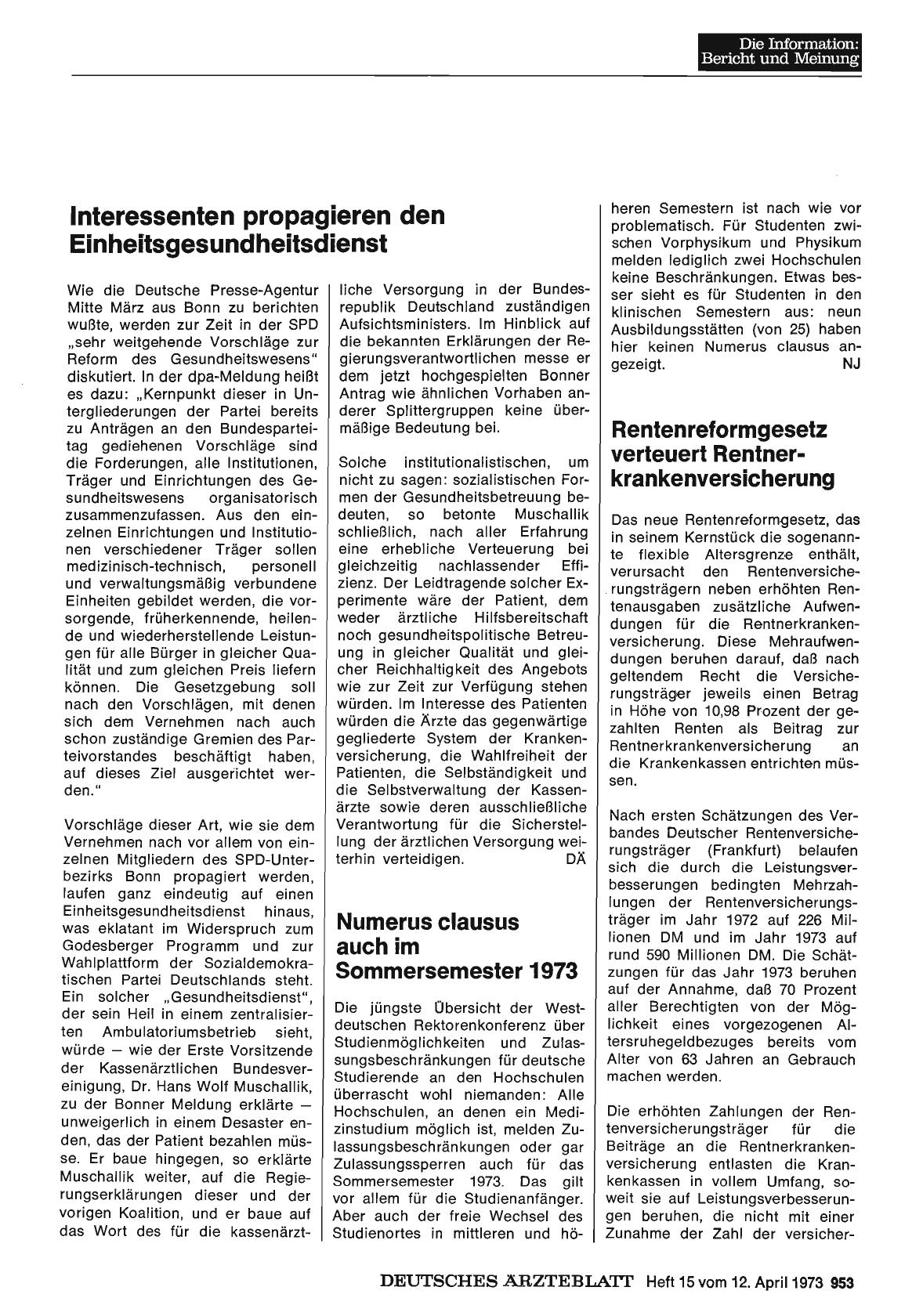 Vorschauseite 1: Numerus clausus auch im Sommersemester 1973