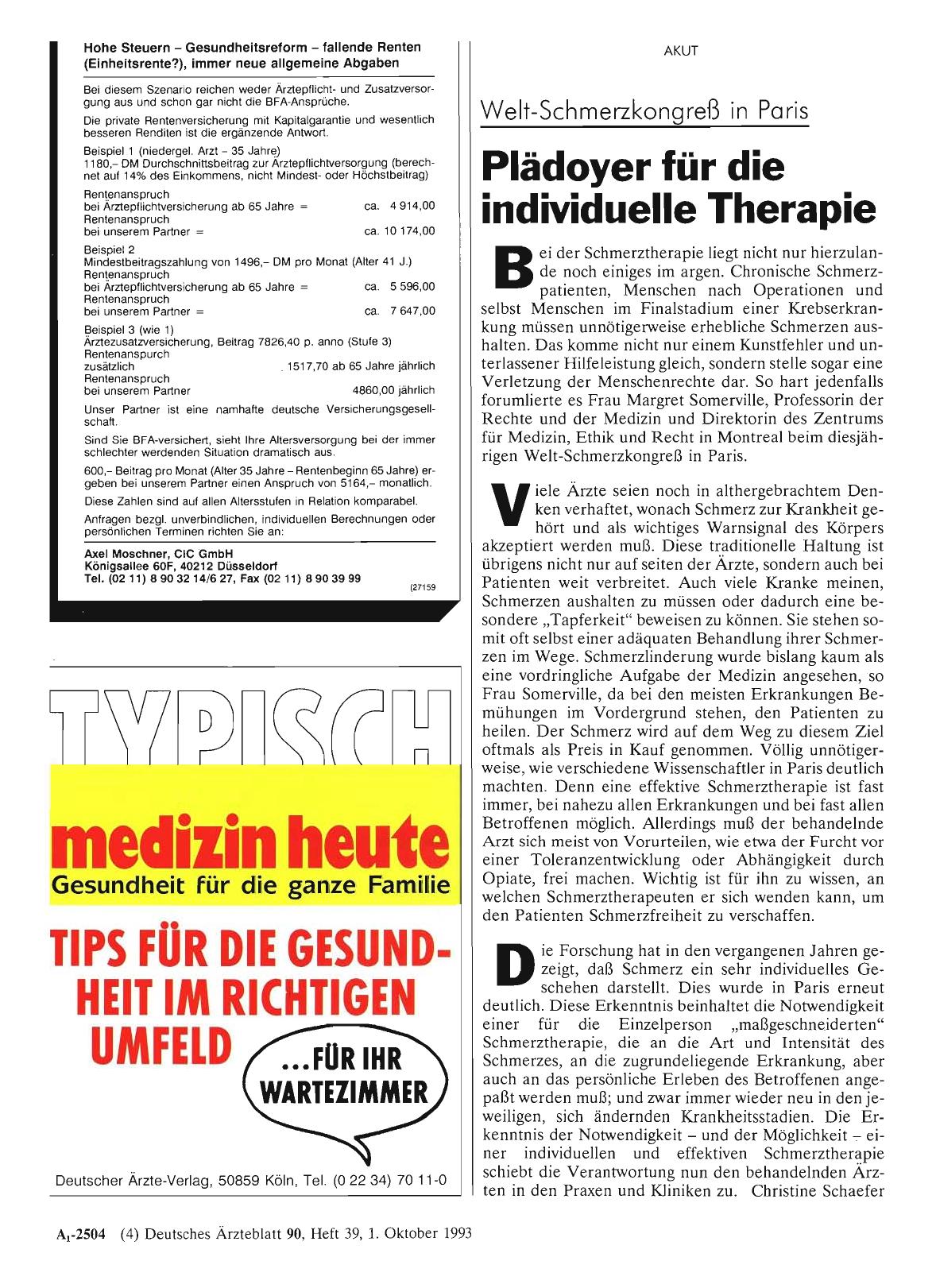 Vorschauseite 1: Welt-Schmerzkongreß in Paris: Plädoyer für die individuelle Therapie