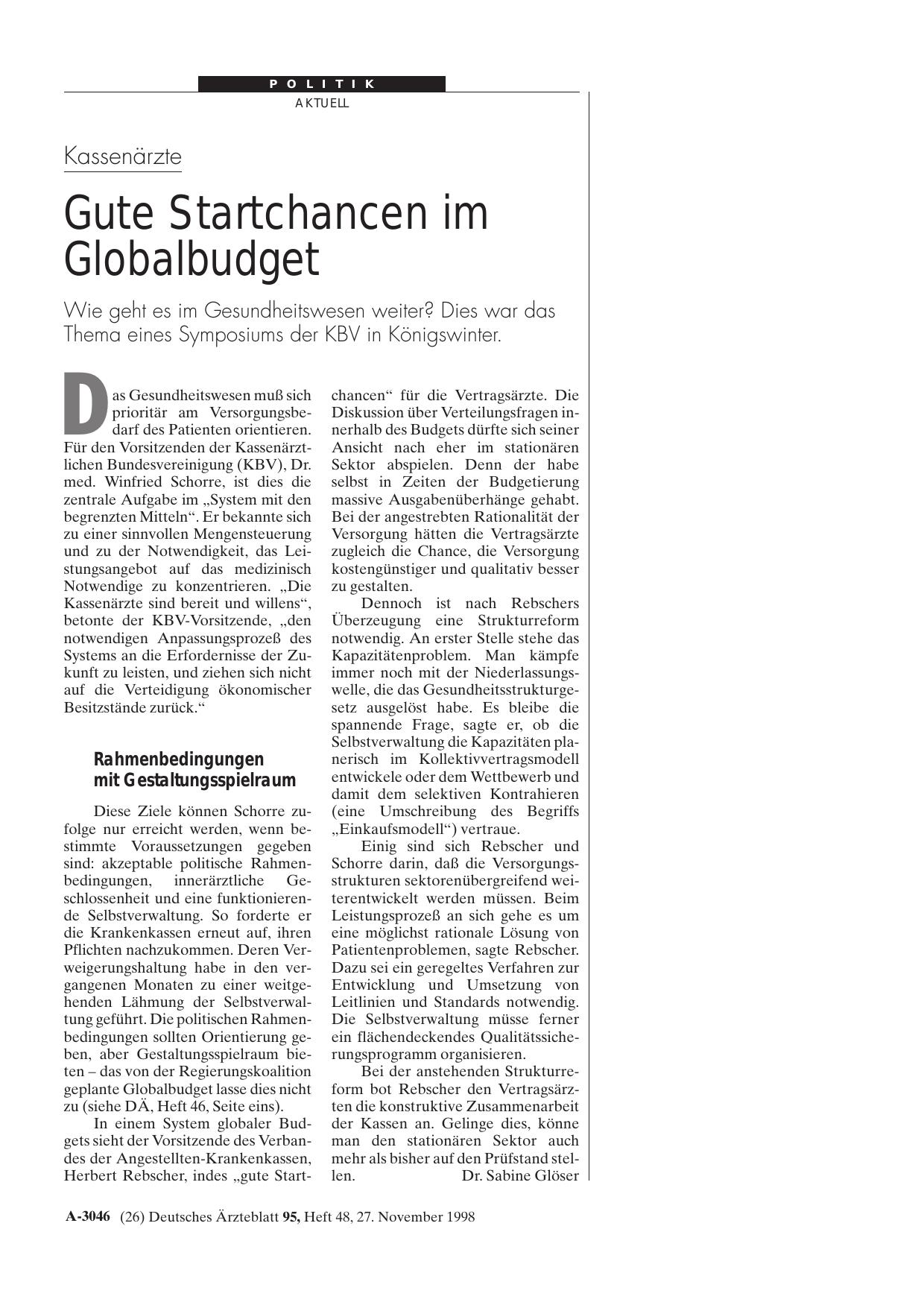 Vorschauseite 1: Kassenärzte: Gute Startchancen im Globalbudget