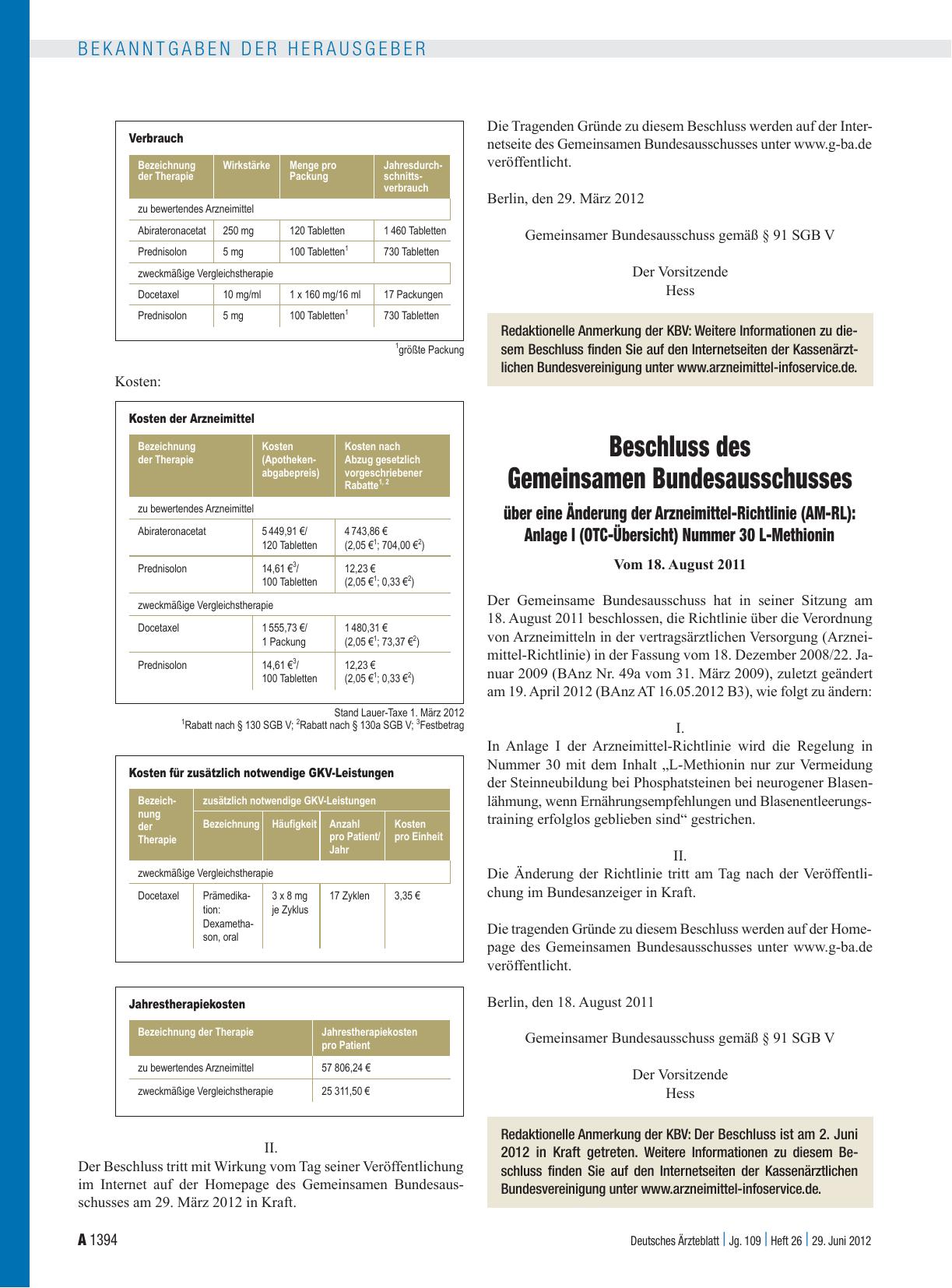 Vorschauseite 1: Beschluss des Gemeinsamen Bundesausschusses über eine Änderung der Arzneimittel-Richtlinie (AM-RL): Anlage I (OTC-Übersicht) Nummer 30 L-Methionin
