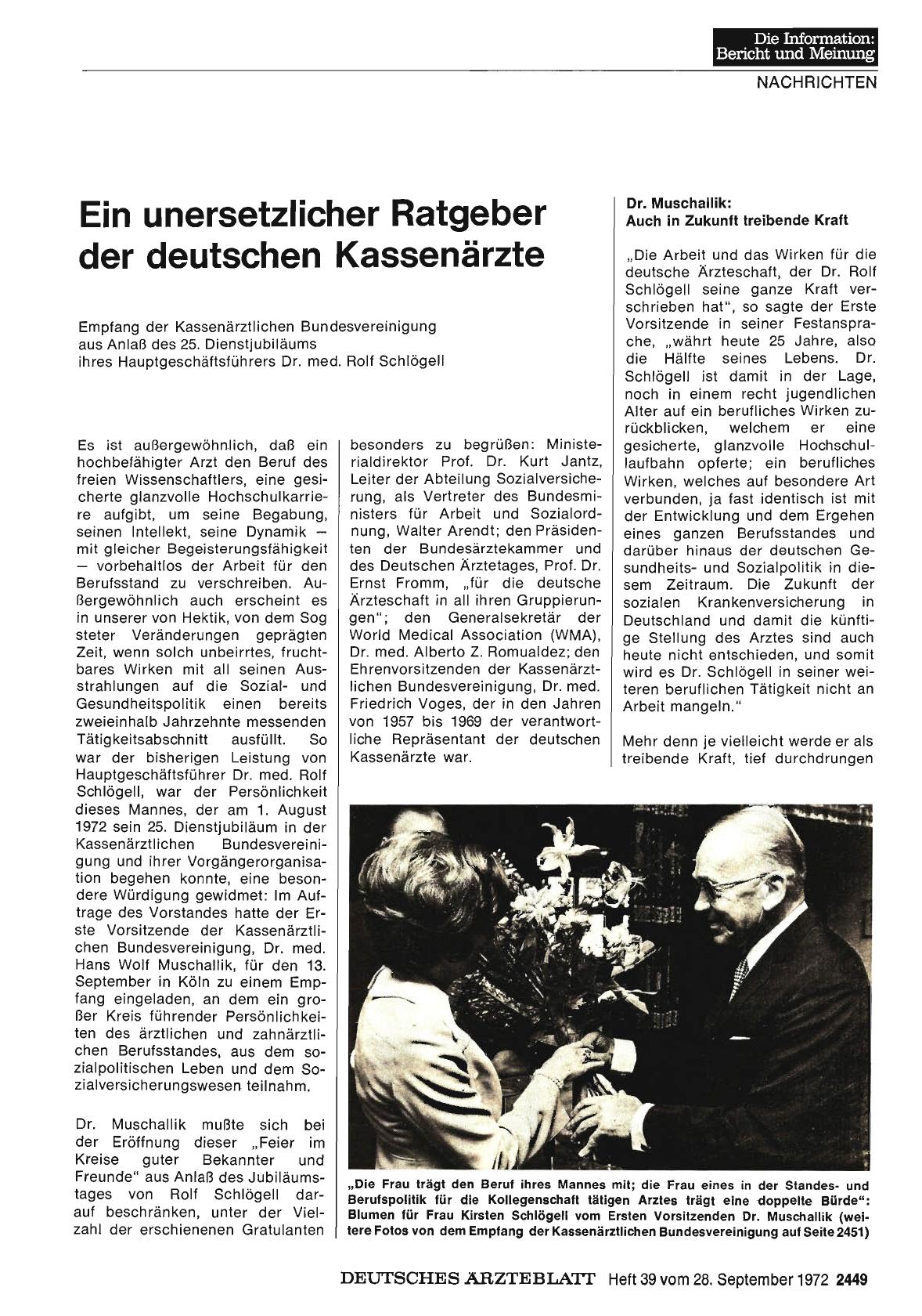 Vorschauseite 1: Ein unersetzlicher Ratgeber der deutschen Kassenärzte: Empfang der Kassenärztlichen Bundesvereinigung aus Anlaß des 25. Dienstjubiläums ihres Hauptgeschäftsführers Dr. med. Rolf S…