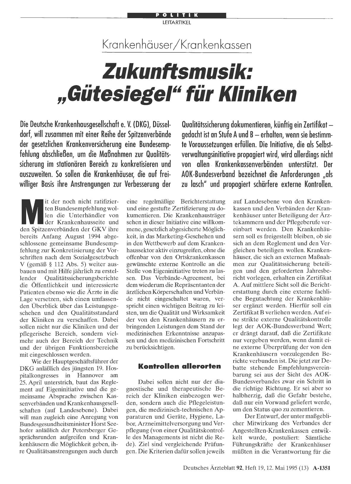 Vorschauseite 1: Krankenhäuser/ Krankenkassen: Zukunftsmusik: „Gütesiegel“ für Kliniken