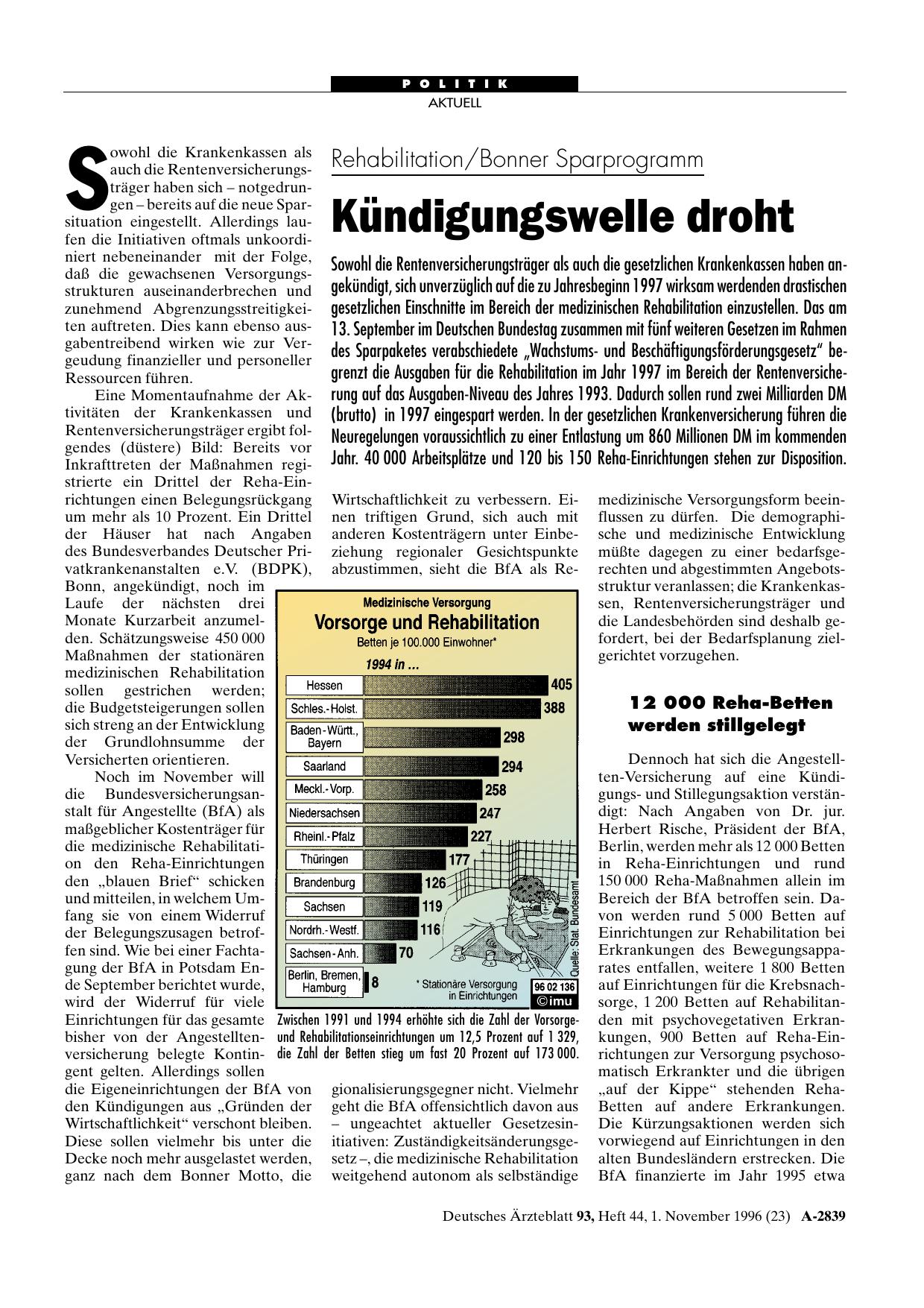 Vorschauseite 1: Rehabilitation/Bonner Sparprogramm: Kündigungswelle droht