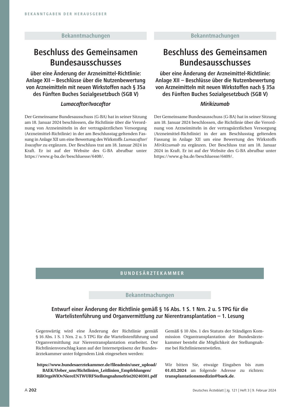 Vorschauseite 1: Beschluss des Gemeinsamen Bundesausschusses über eine Änderung der Arzneimittel-Richtlinie: Anlage XII – Lumacaftor/Ivacaftor