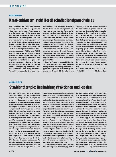 Vorschauseite 1: Rechtsreport: Krankenhäusern steht Bereitschaftsdienstpauschale zu