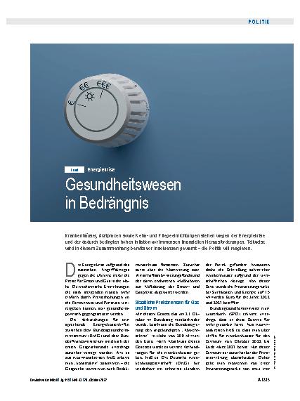 Vorschauseite 1: Energiekrise: Gesundheitswesen in Bedrängnis